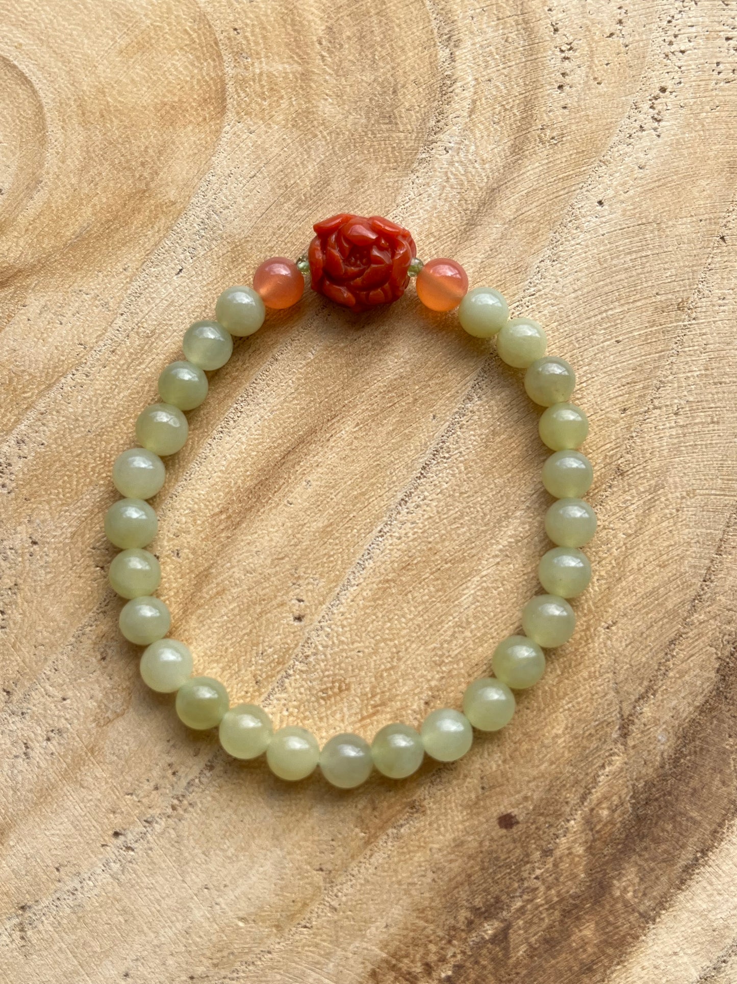 Bracelet with 6mm Hetian Jade Beads and a Nahong Agate Peony Flower