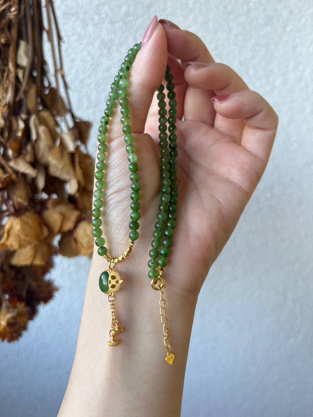 4mm Green Hetian Jade Beaded Necklace