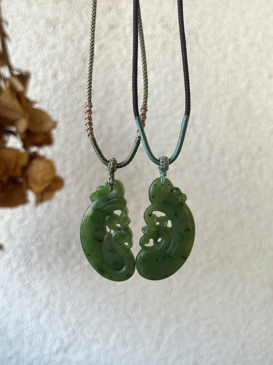 Green Hetian Jade Dragon and Phoenix Pair Pendants | 和田碧玉龙凤对牌