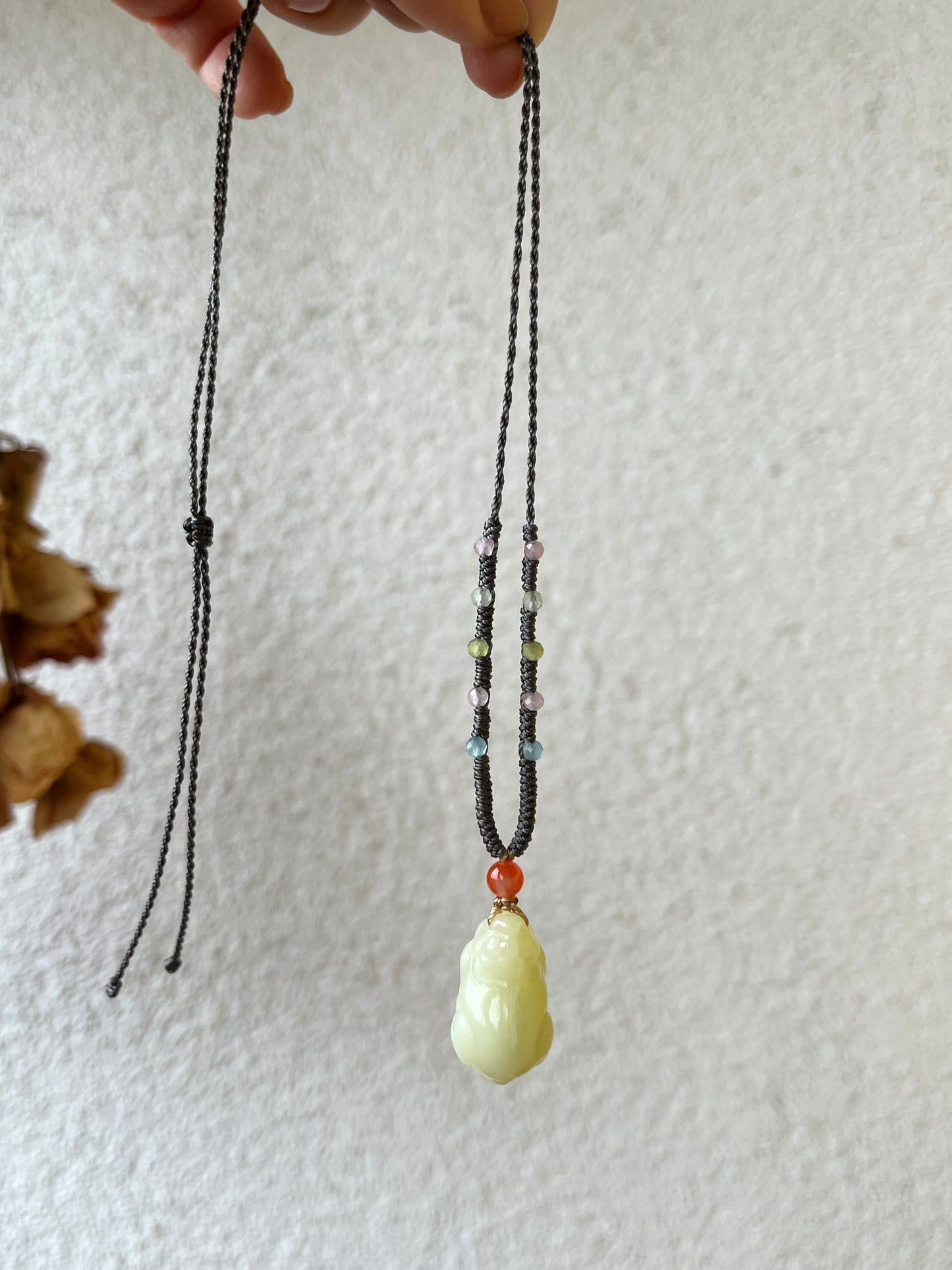 Handmade Necklace with a Carved Yellow Hetian Jade Pixiu
