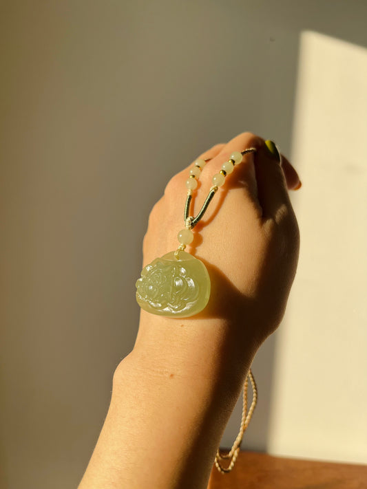 Hand Carved Hetian Jade Peony Flower Pendant, 青海冰晴水牡丹牌