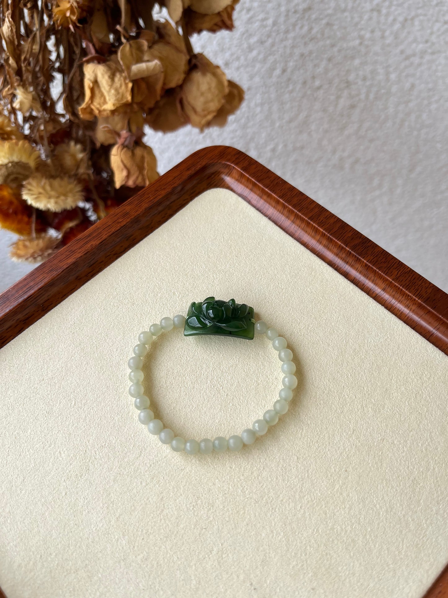 Bracelet Crafted from a Hand Carved Green Hetian Jade Lotus Pendant | 手雕碧玉小荷花手牌