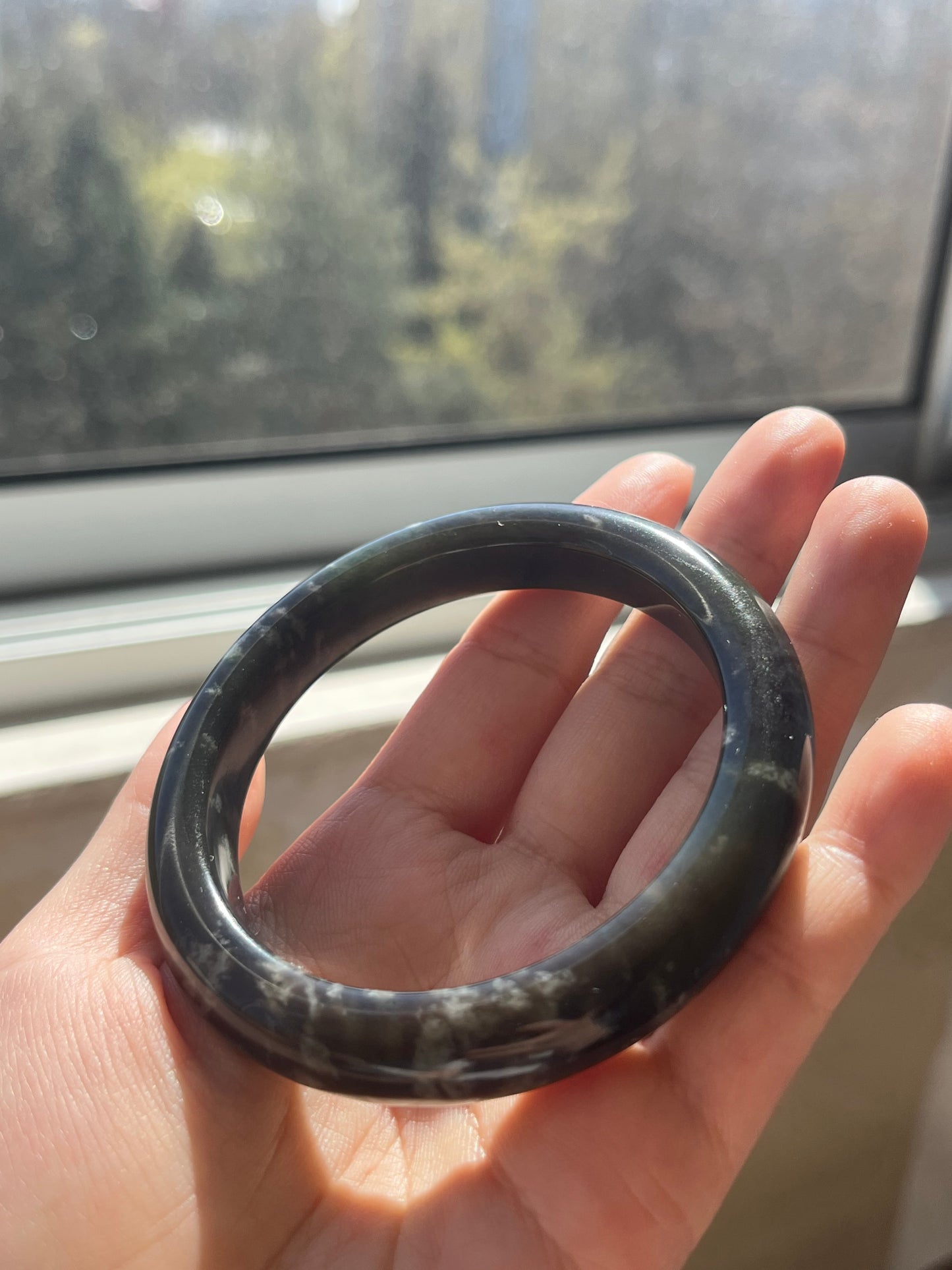 Smoky Gray Multi-hued with Cloud Patten Hetian Jade Bangle 57mm, 浓烟灰带紫带翠意境手镯