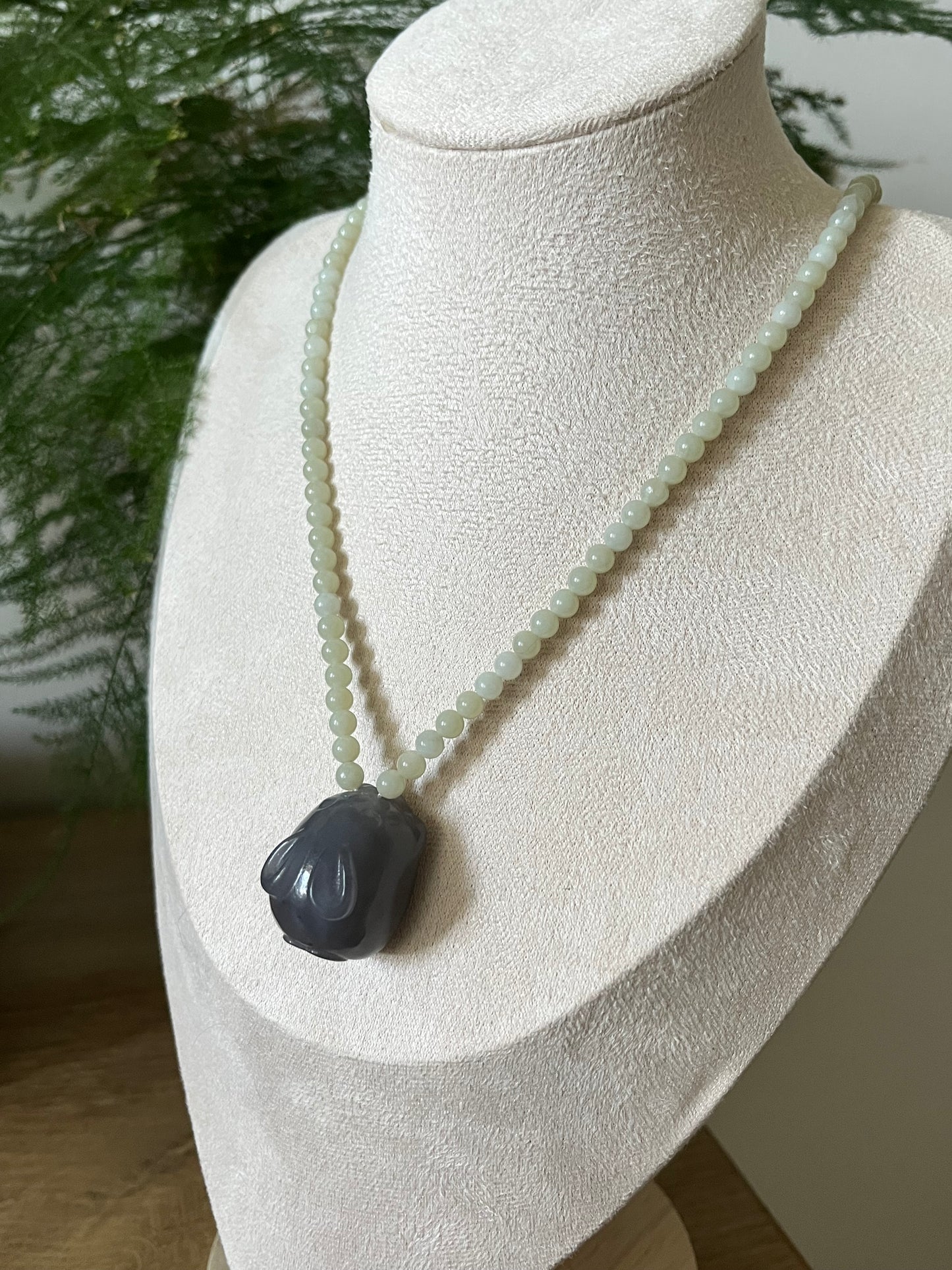 Chinese Zodiac - Handmade Necklace with a Hand Carved Purple Hetian Jade Rabbit and 5mm Hetian Jade Beaded Cord