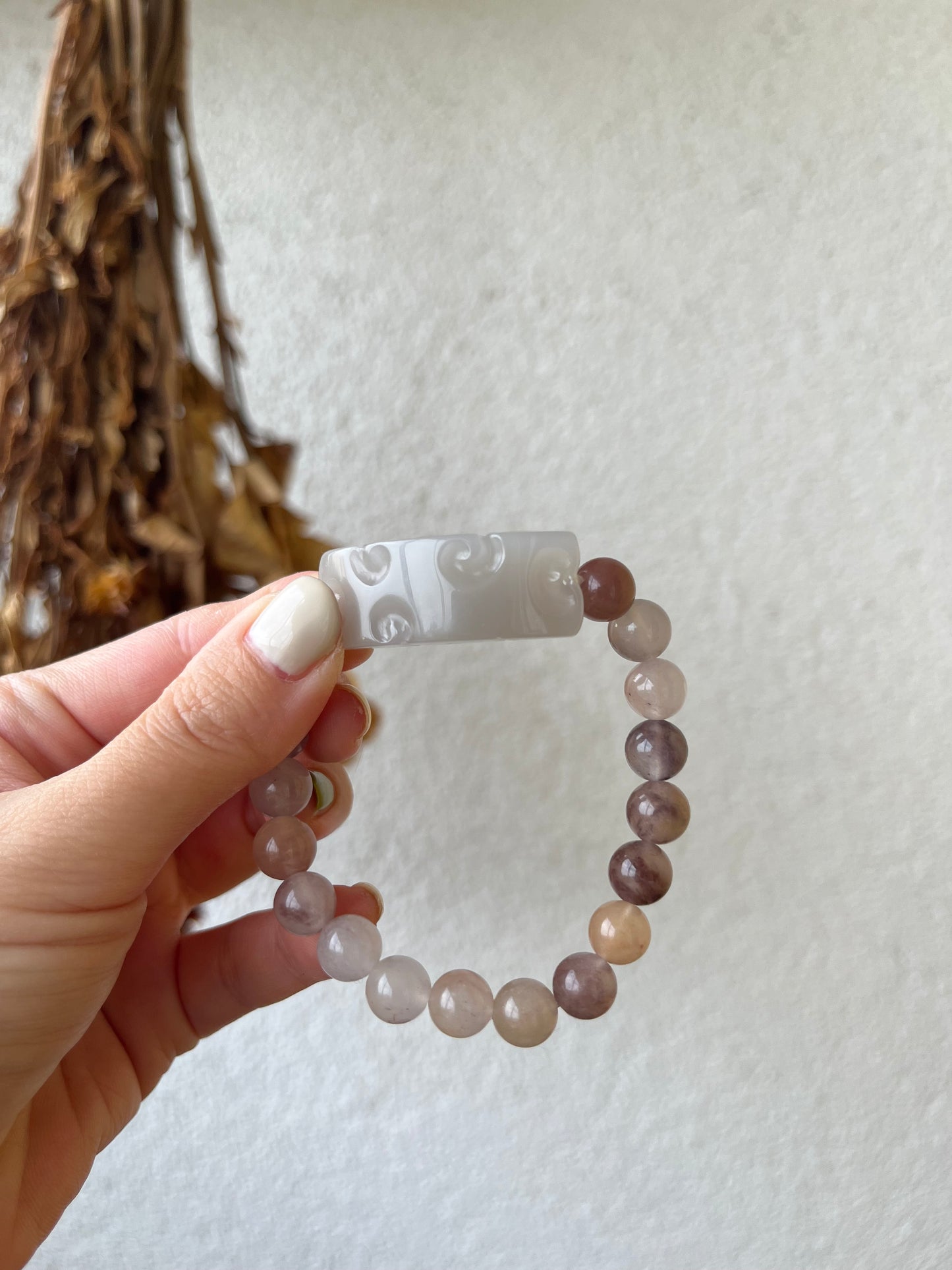 Bracelet Crafted from a Hand Carved Ruyi Pattern Purple Hetian Jade Pendant | 和田冰胶烟紫手牌