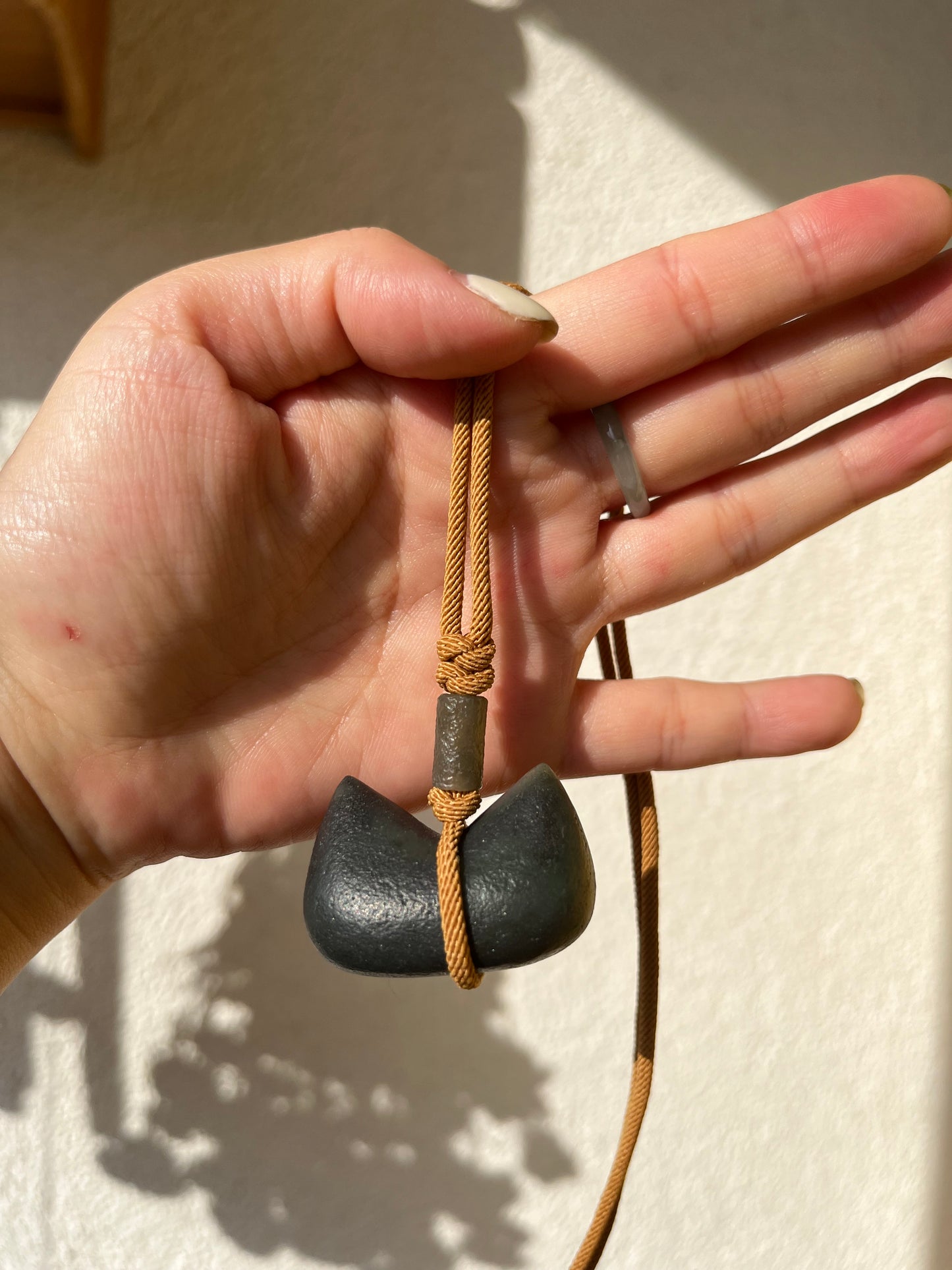 Hand Carved Gray Hetian Jade Cat Ear Pendant, 和田青花古风猫耳