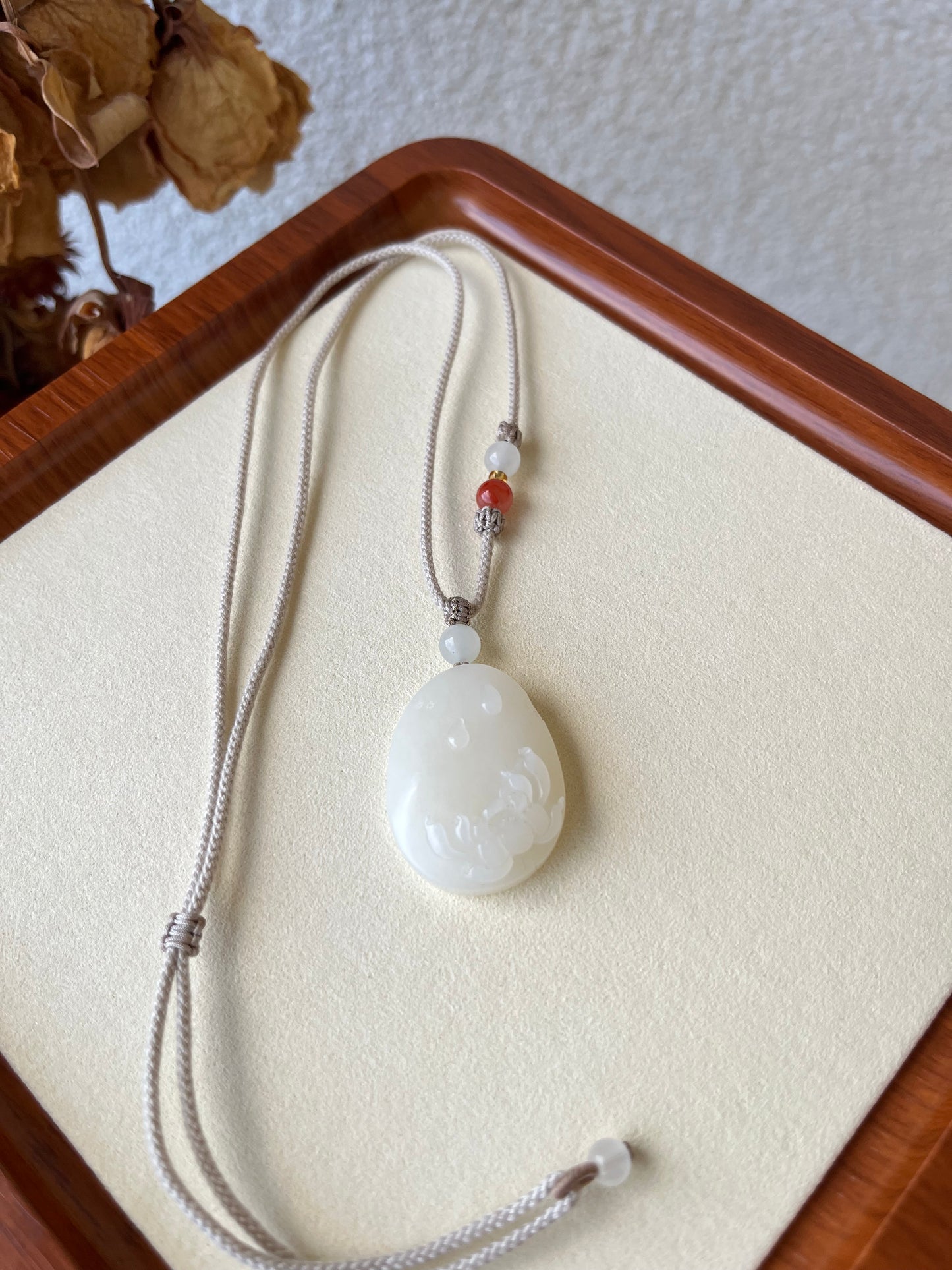 Hand Carved White Hetian Jade Lotus Pendant | 和田新疆山料白玉荷花牌