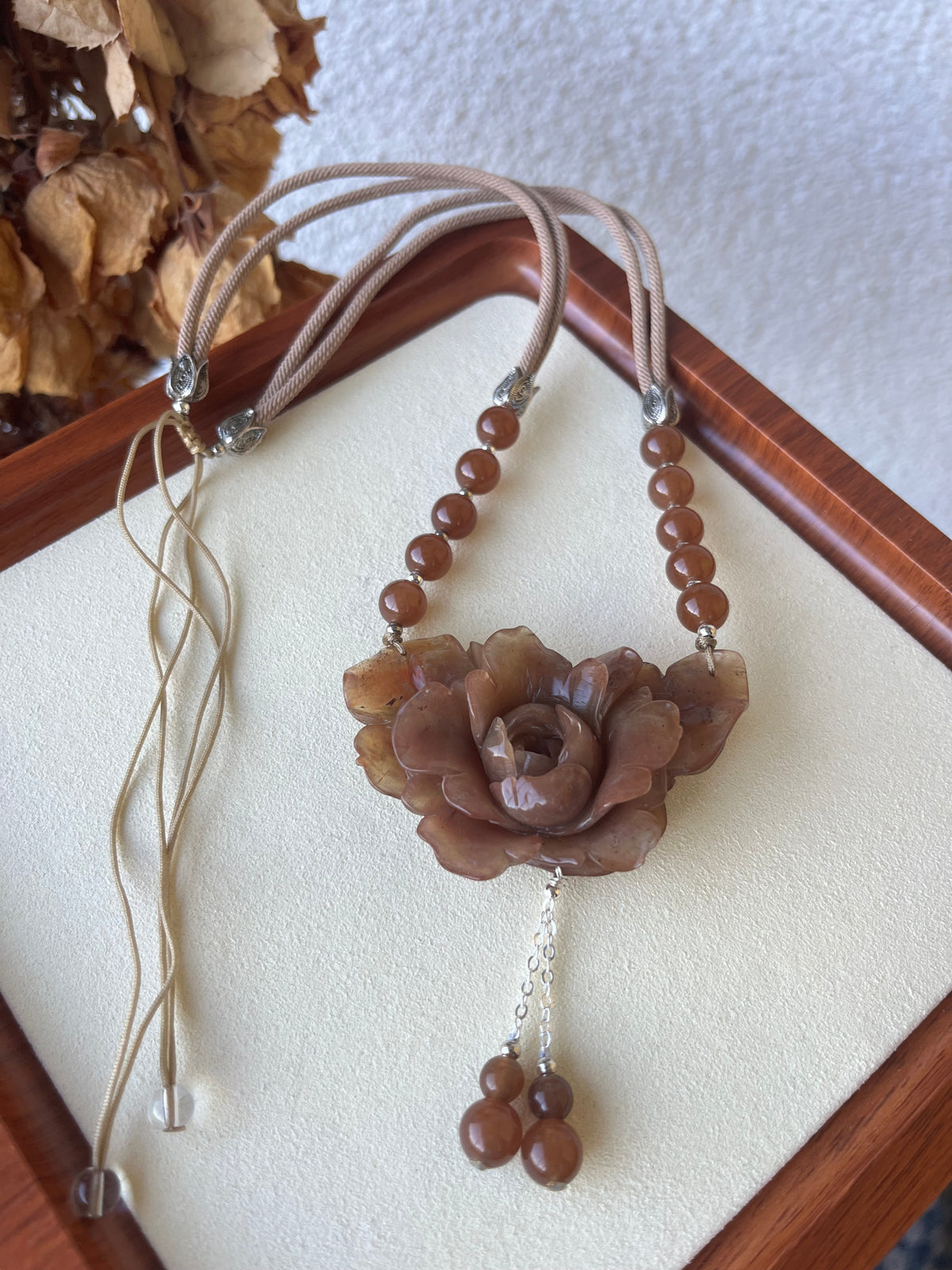 Hand Carved Xiu Jade Peony Pendant