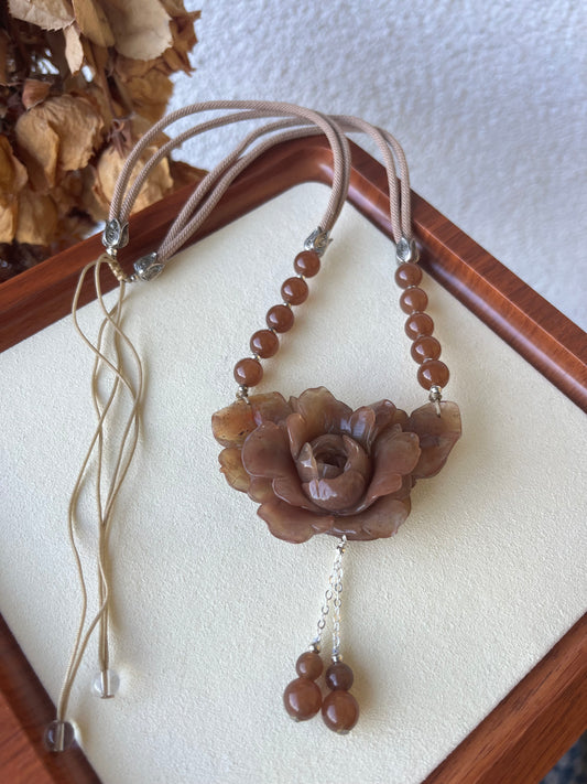 Hand Carved Xiu Jade Peony Pendant