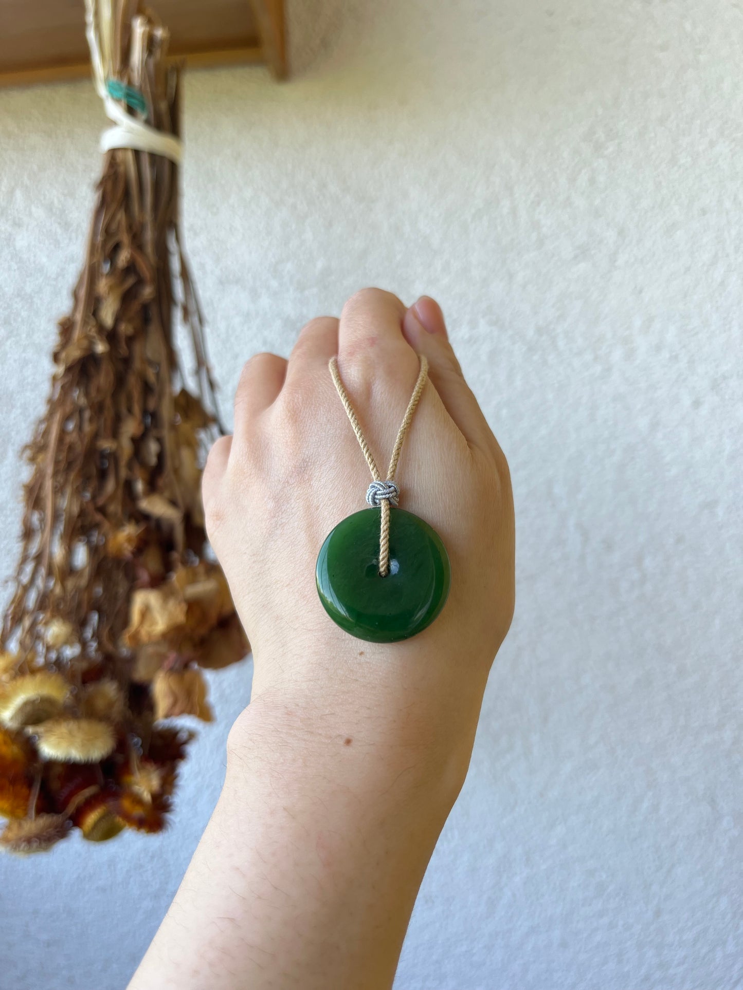 Green Hetian Jade Peace Buckle (Ping An Kou) Necklace, 碧玉平安扣