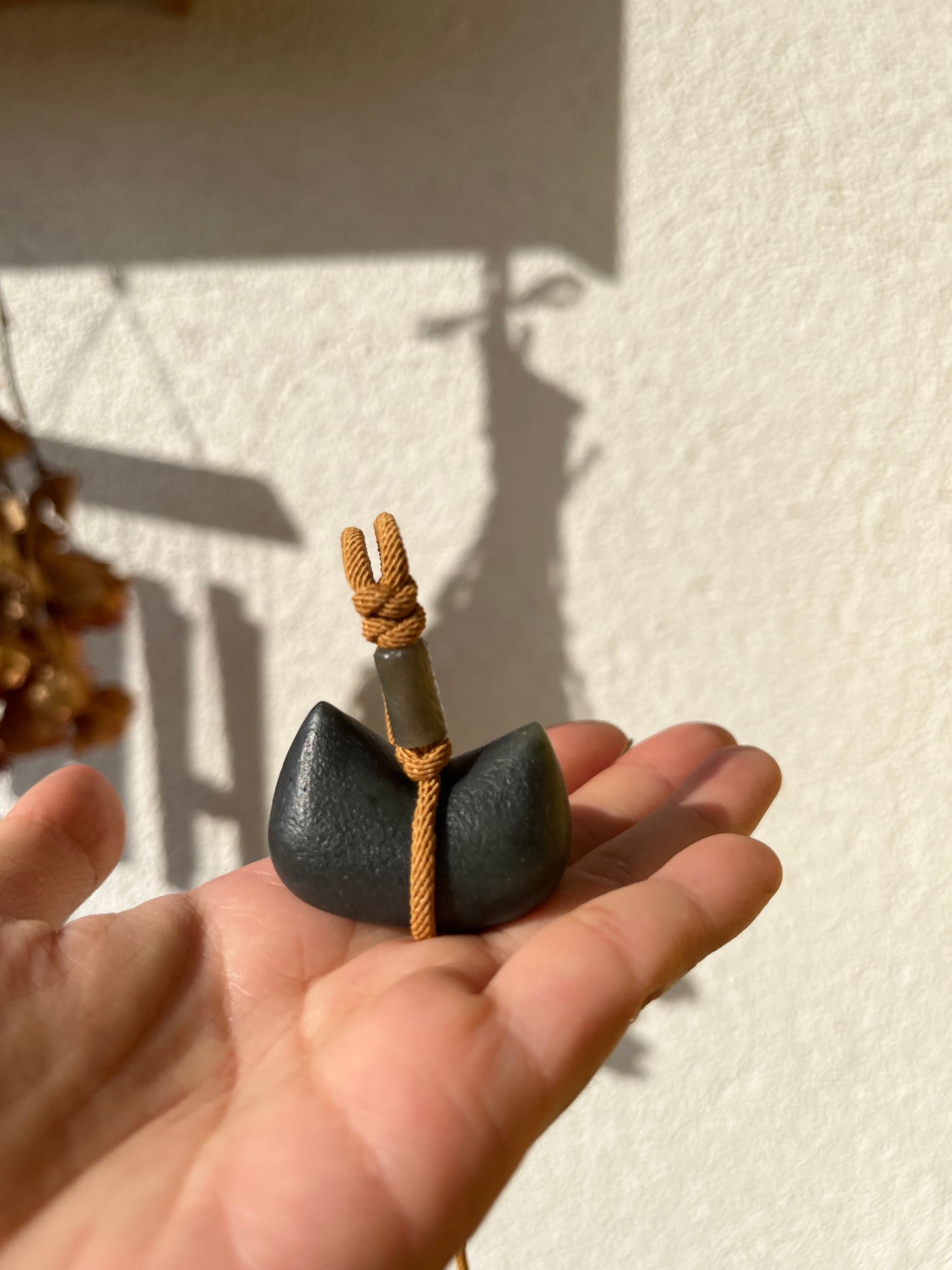 Hand Carved Gray Hetian Jade Cat Ear Pendant, 和田青花古风猫耳
