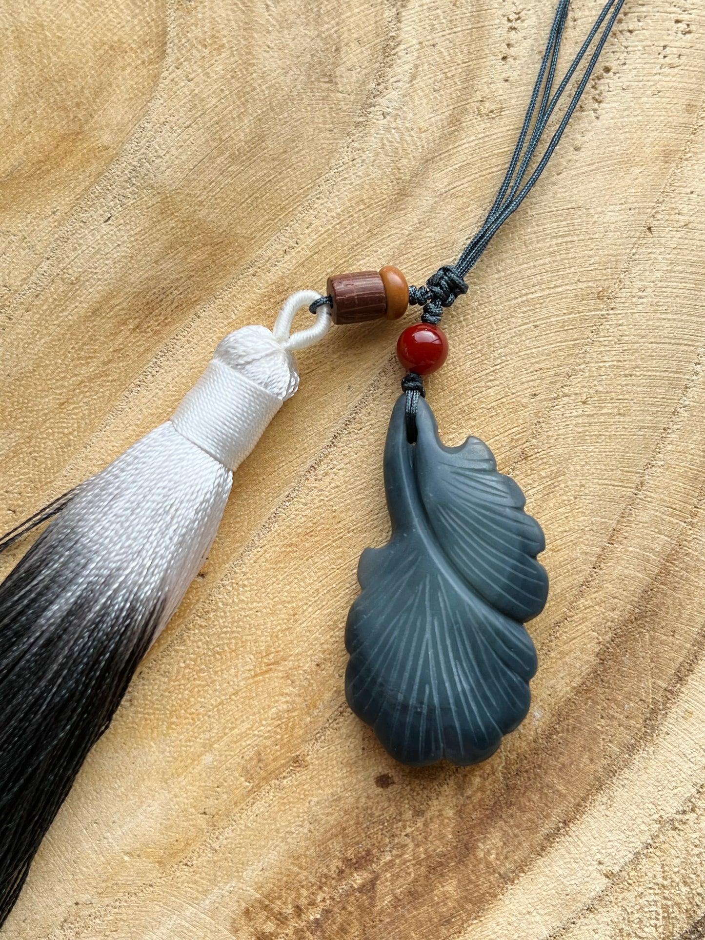 Handmade Bag Charm with a Hand Carved Hetian Qinghua Jade Ginkgo Biloba Pendant, 手雕和田青花银杏叶包挂