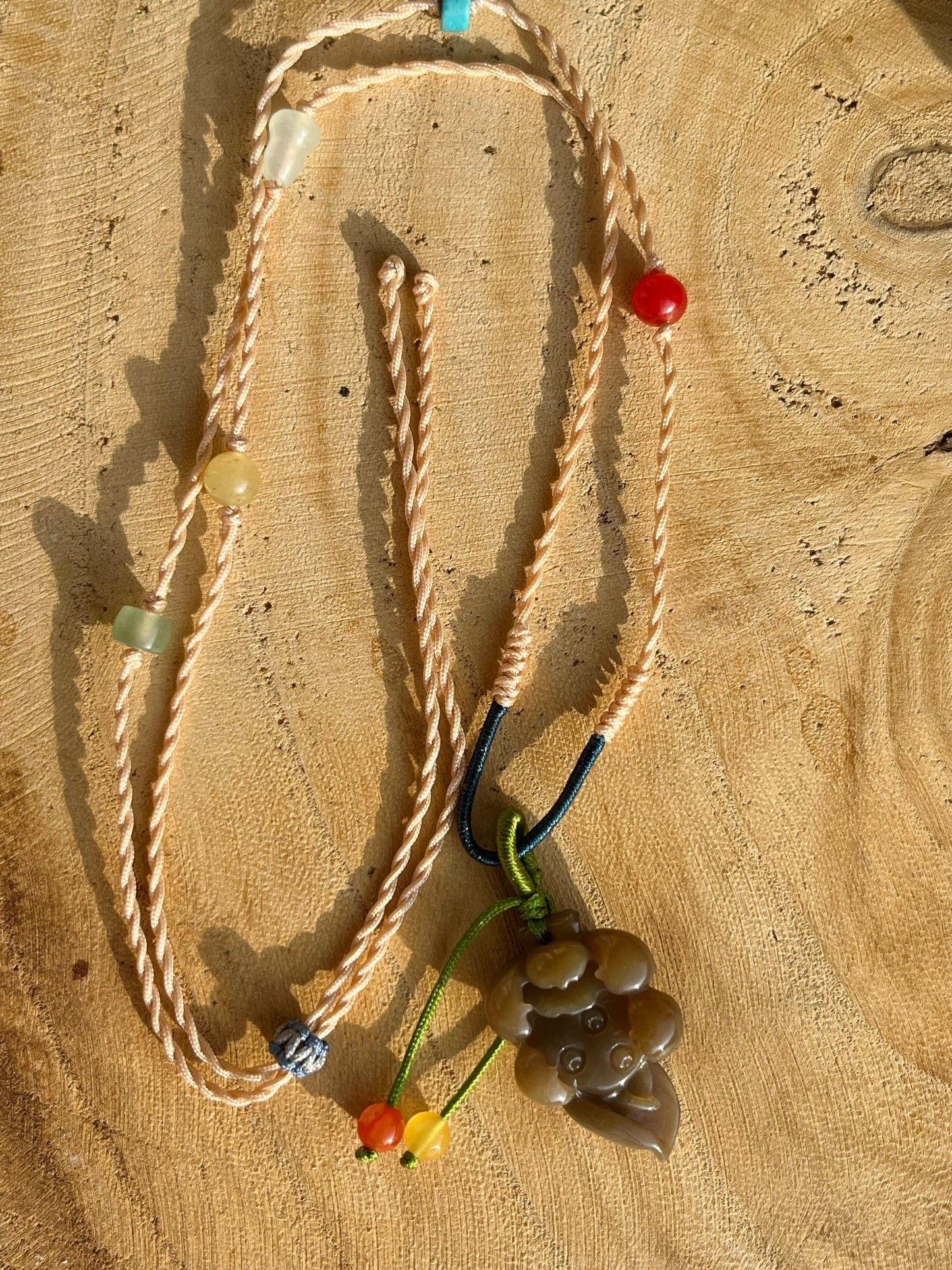 Handmade Necklace with a Hand Carved Brown Hetian Jade Lotus Flower, 手编和田玉小荷花项链