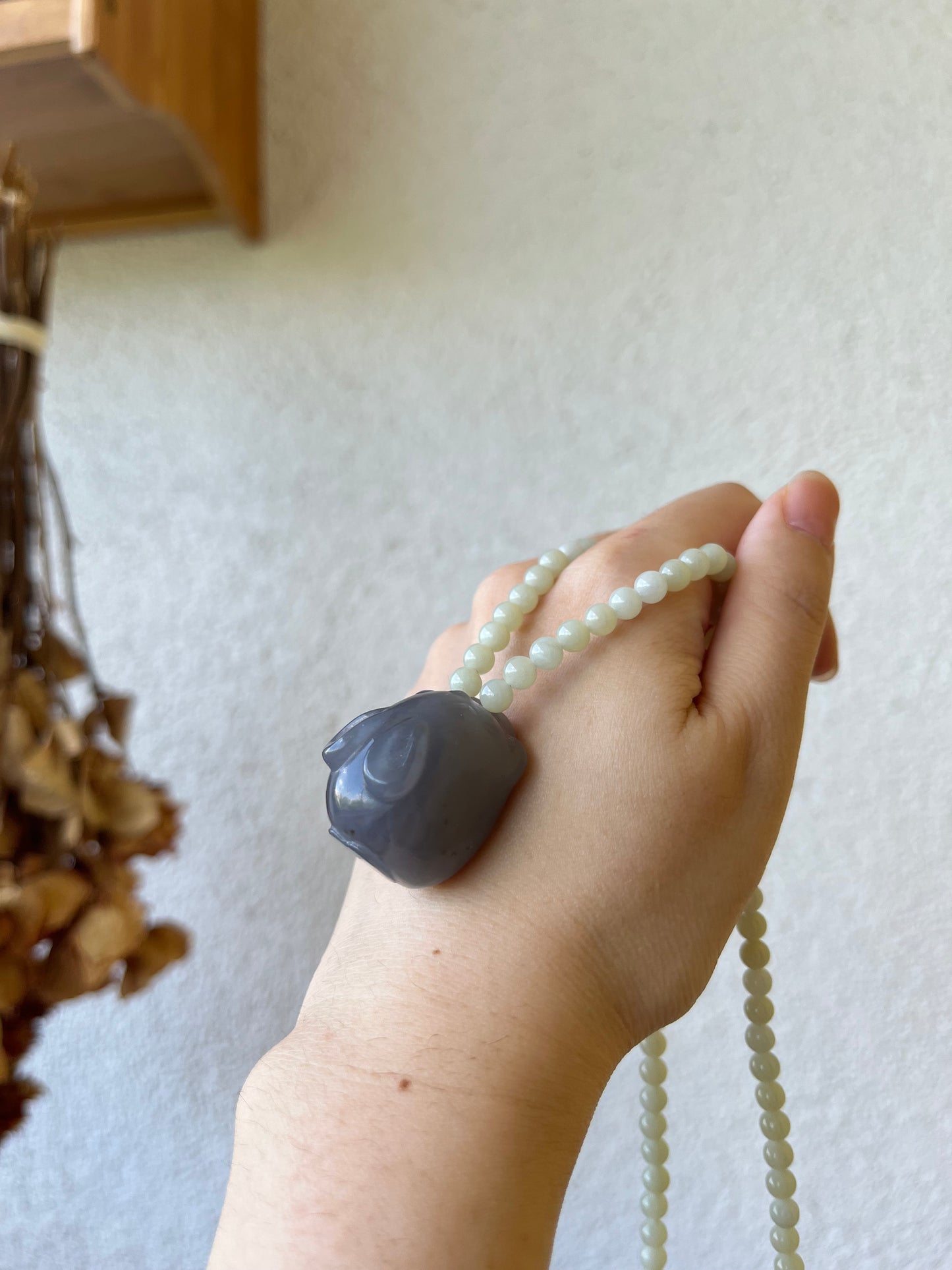 Chinese Zodiac - Handmade Necklace with a Hand Carved Purple Hetian Jade Rabbit and 5mm Hetian Jade Beaded Cord
