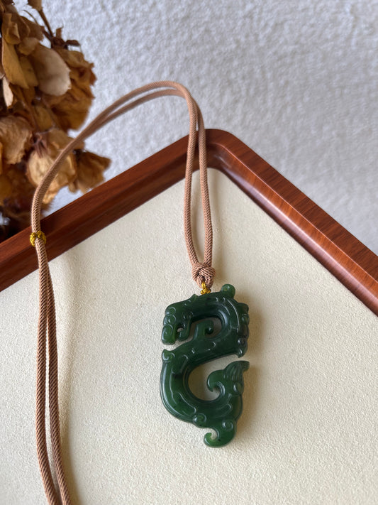 Green Hetian Jade Ancient Style Dragon Pendant | 和田碧玉仿古龙