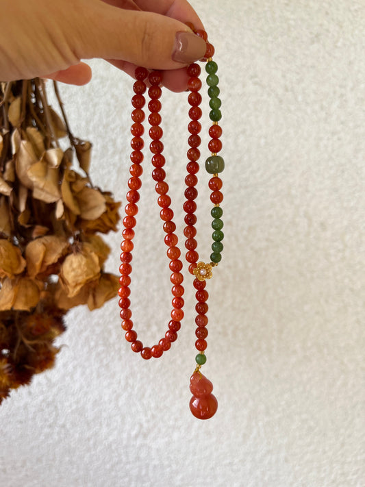 6mm Nanhong Agate and Green Hetian Jade Beaded Necklace