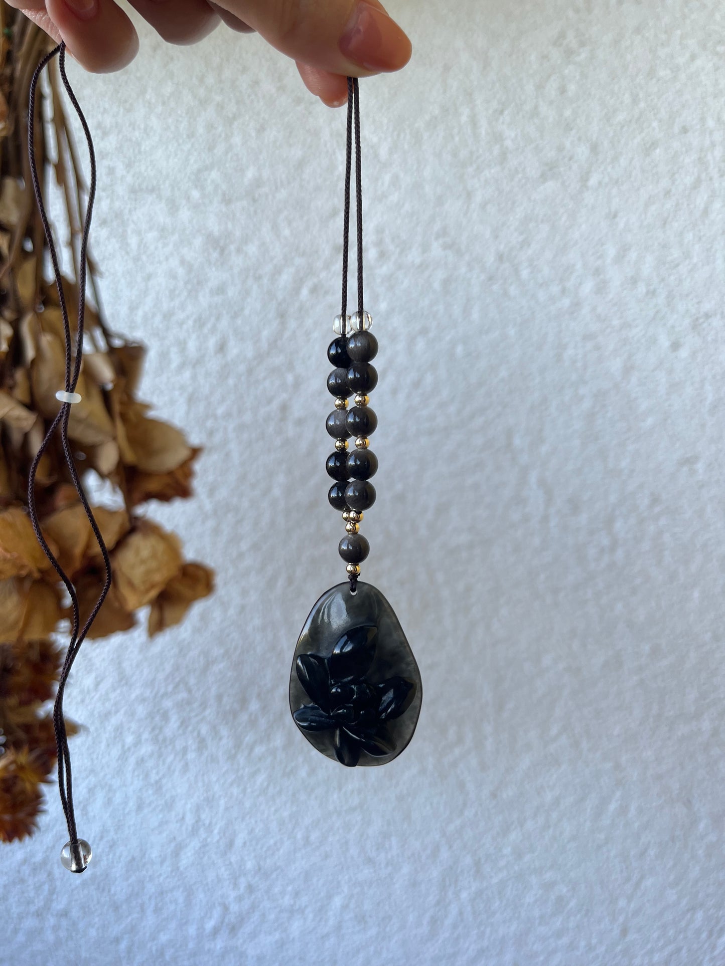 Hand Carved Black Xiu Jade Lotus Necklace