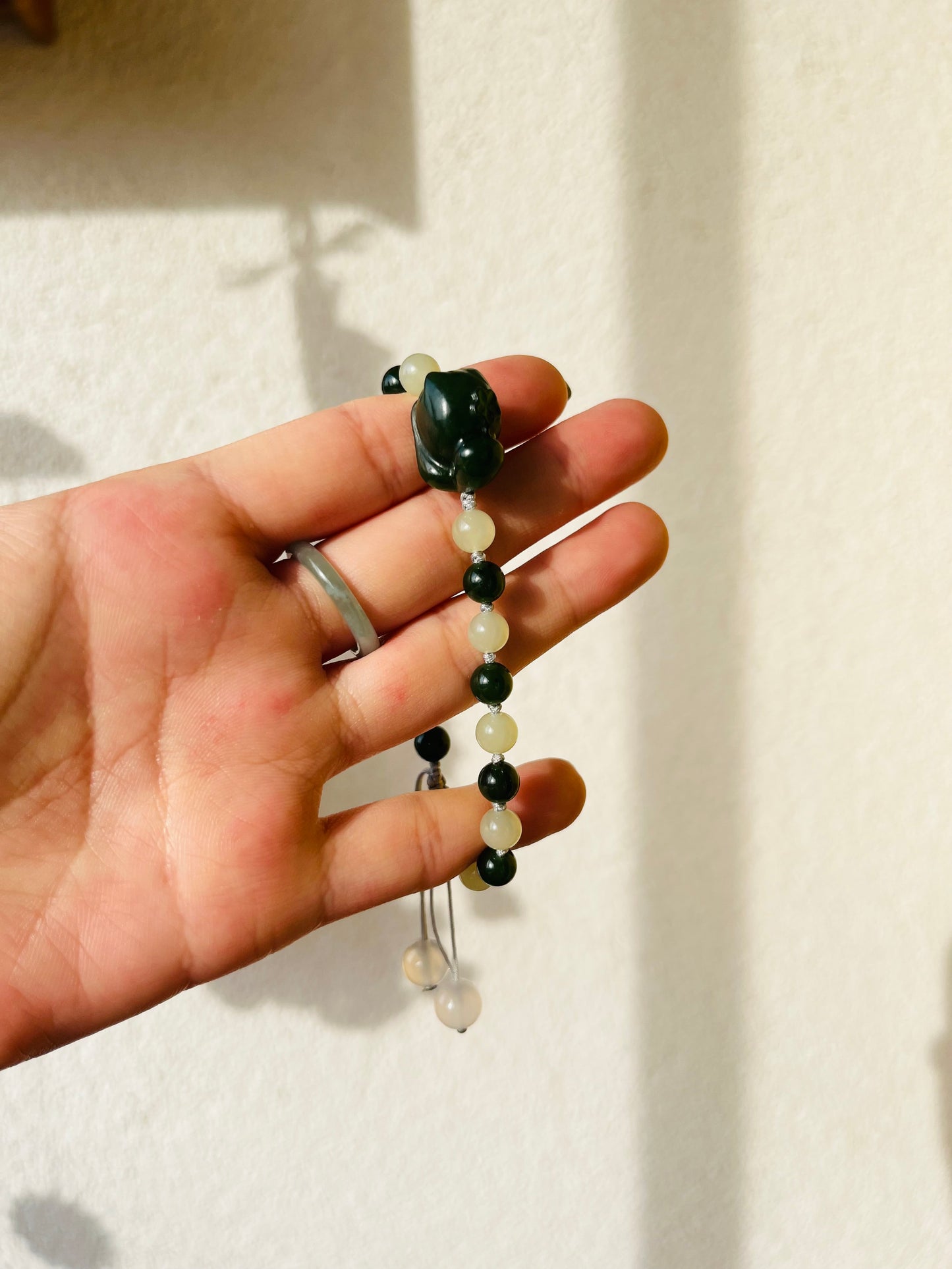 Handmade Bracelet with 6mm Green and Yellow Hetian Jade Beads and Hand Carved Green Hetian Jade Cat