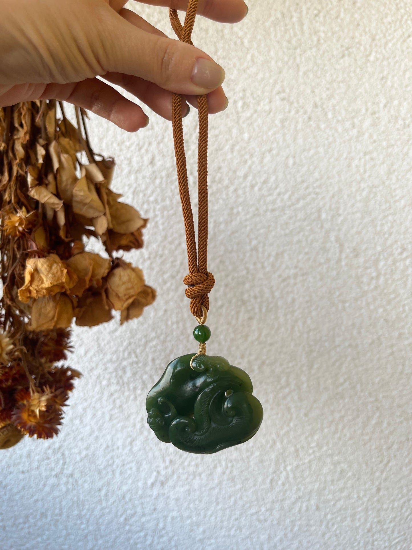 Hand Carved Green Hetian Jade Monkey with Linzhi Ruyi