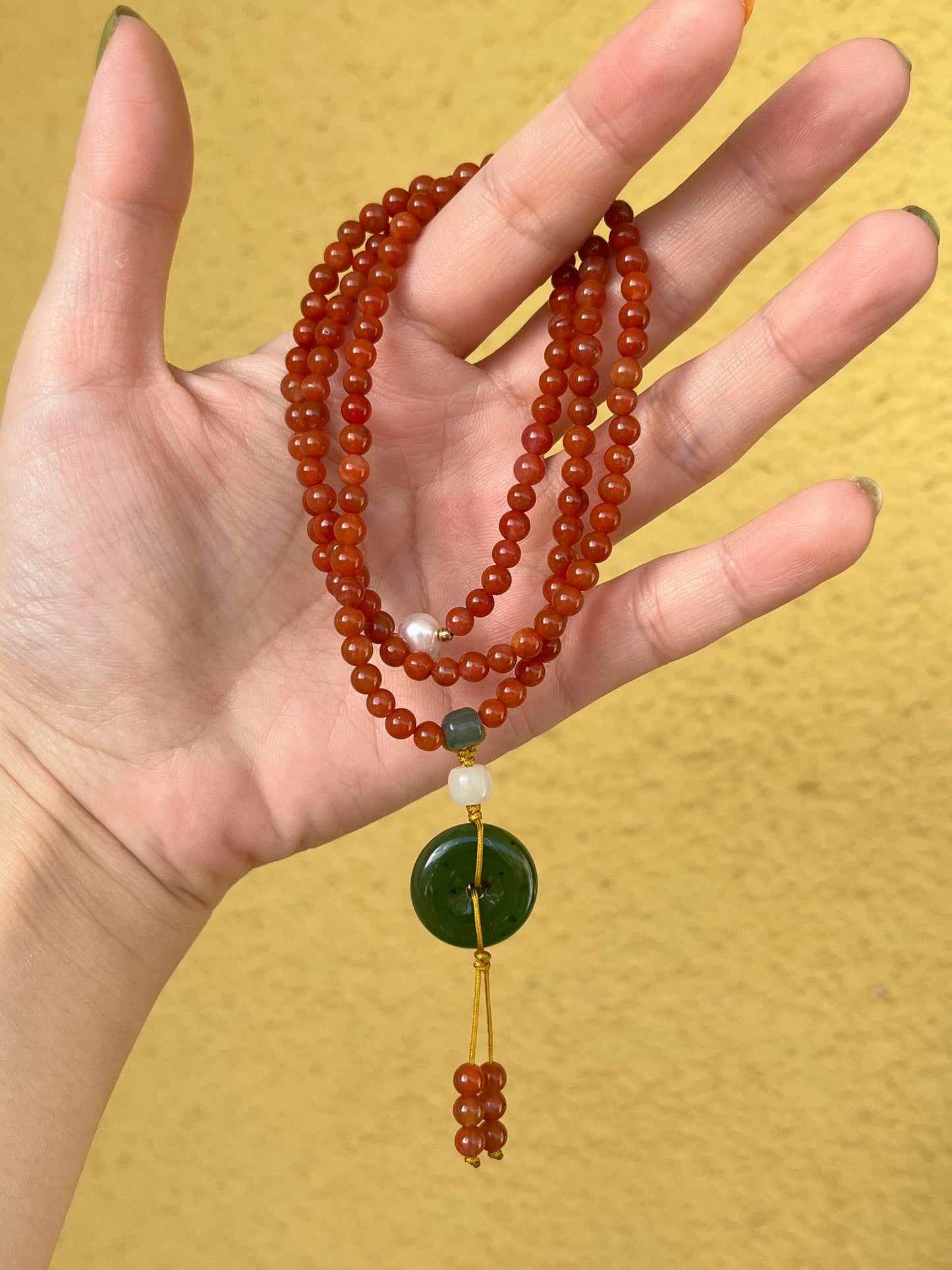 Multi-Function Three Loop Southern Red Agate Beaded Bracelet with a Green Hetian Jade PI pendant (ping an kou), 南红多圈手串加碧玉平安扣