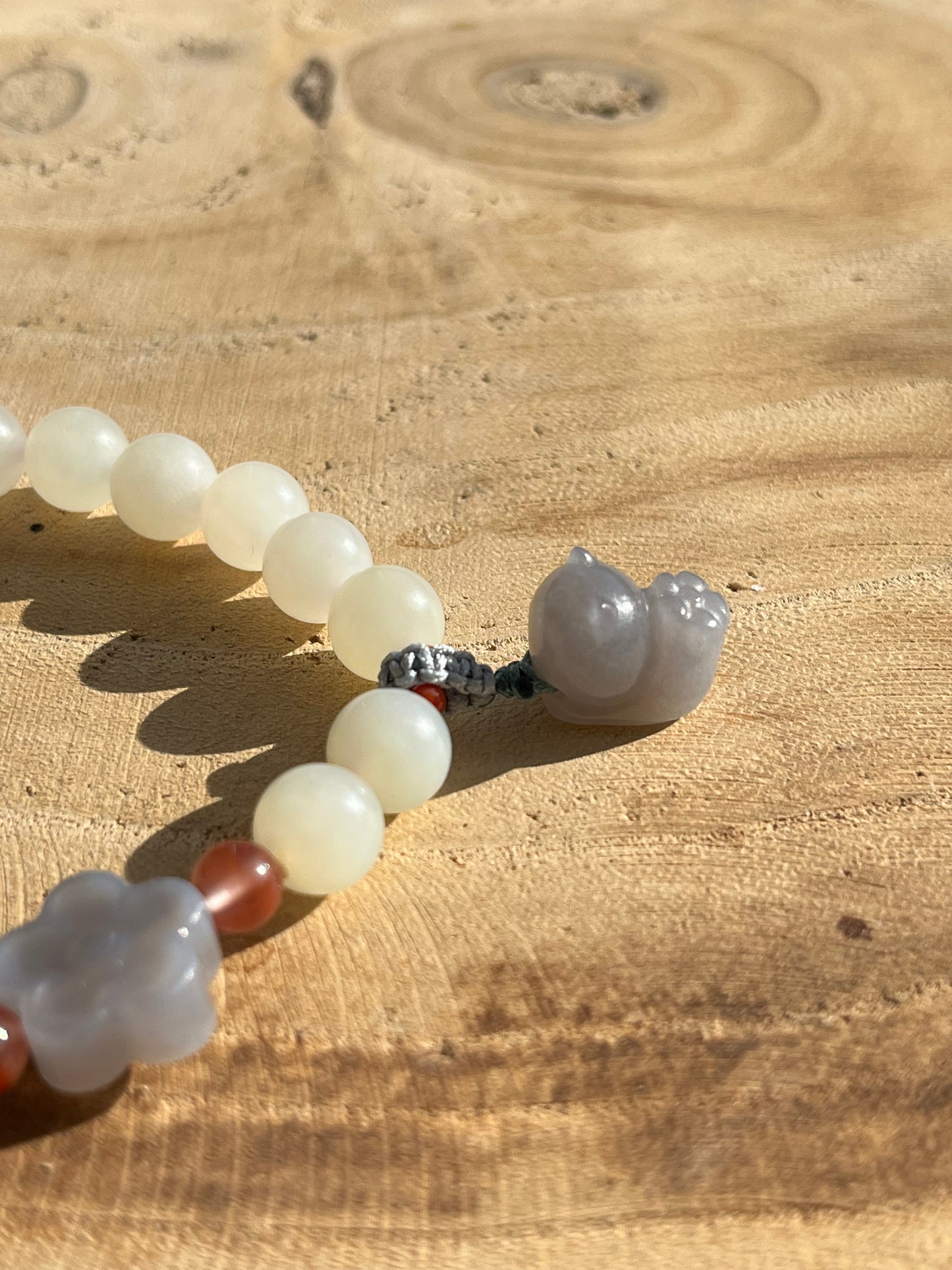 White Hetian Jade Bracelet with 8mm Bead and a Hand Carved Purple Jade Cat