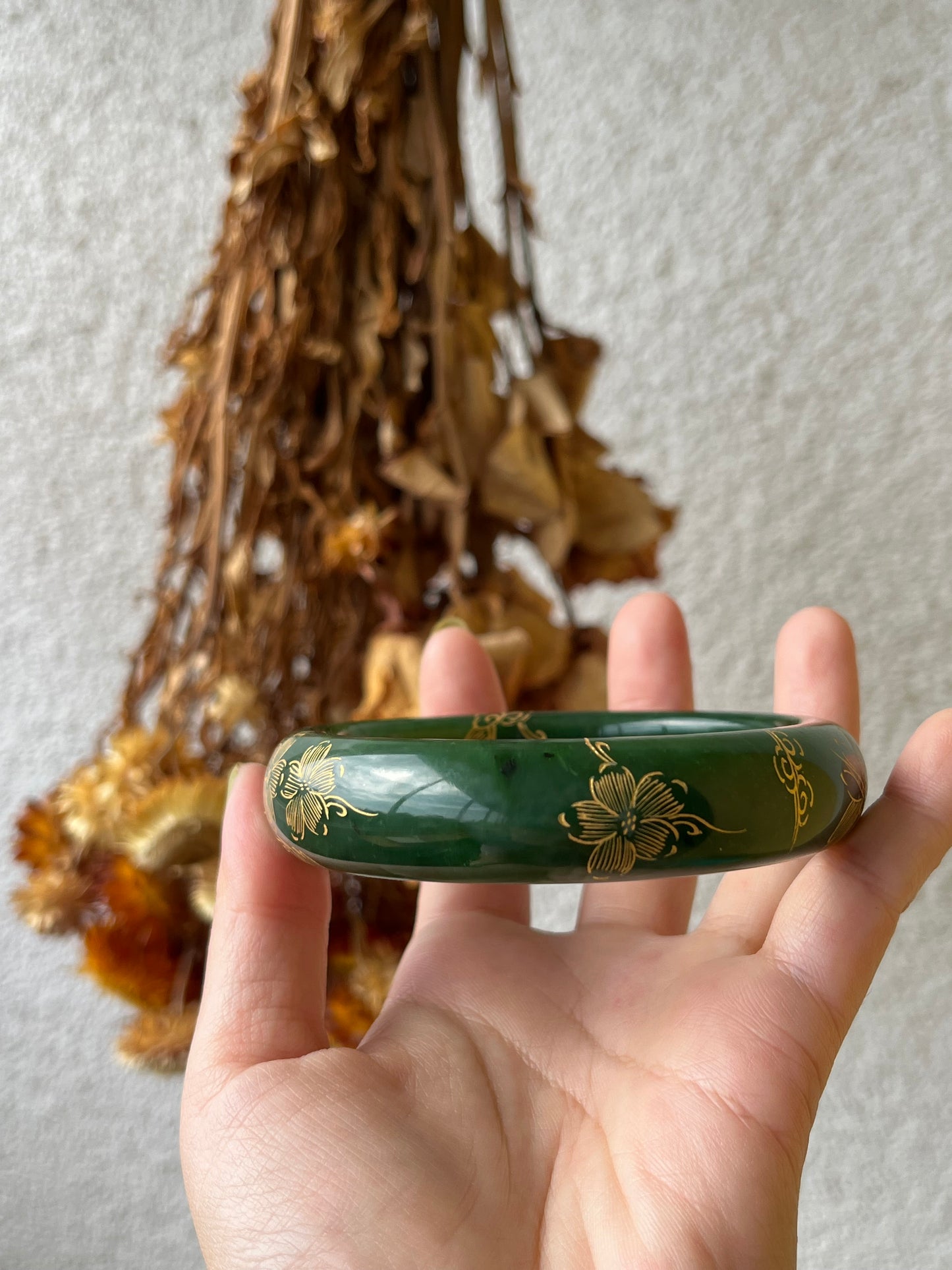 Hetian Jade Bangle with Hand-painted Gold Accents 62mm, 和田碧玉描金宽版手镯