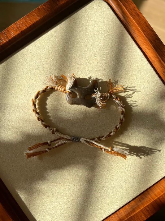 Handmade Bracelet with a Brown Hetian Jade Cat Mask