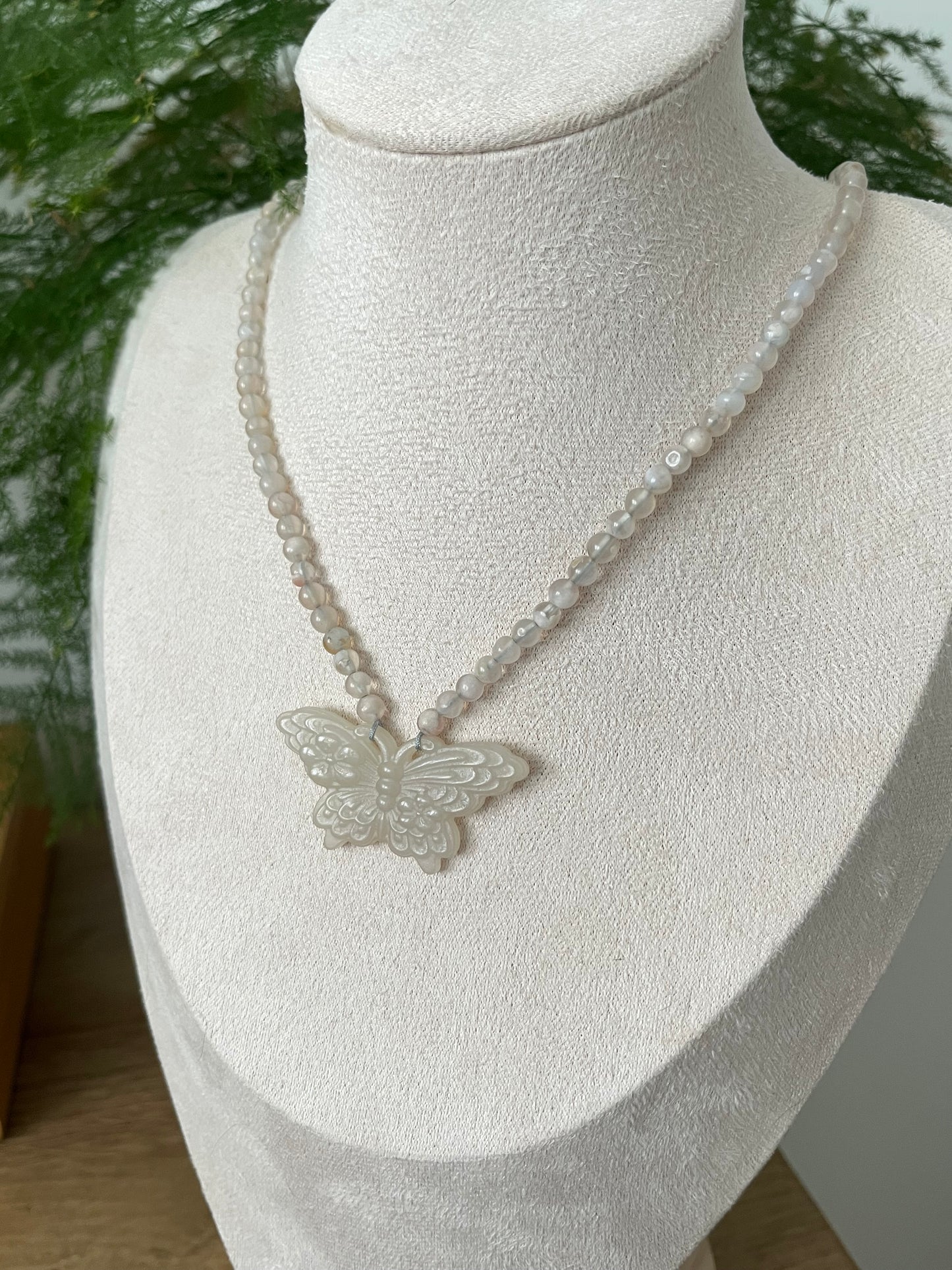 Handmade Necklace with Carved Hetian Jade Butterfly and 4mm Sakura Agate Beads