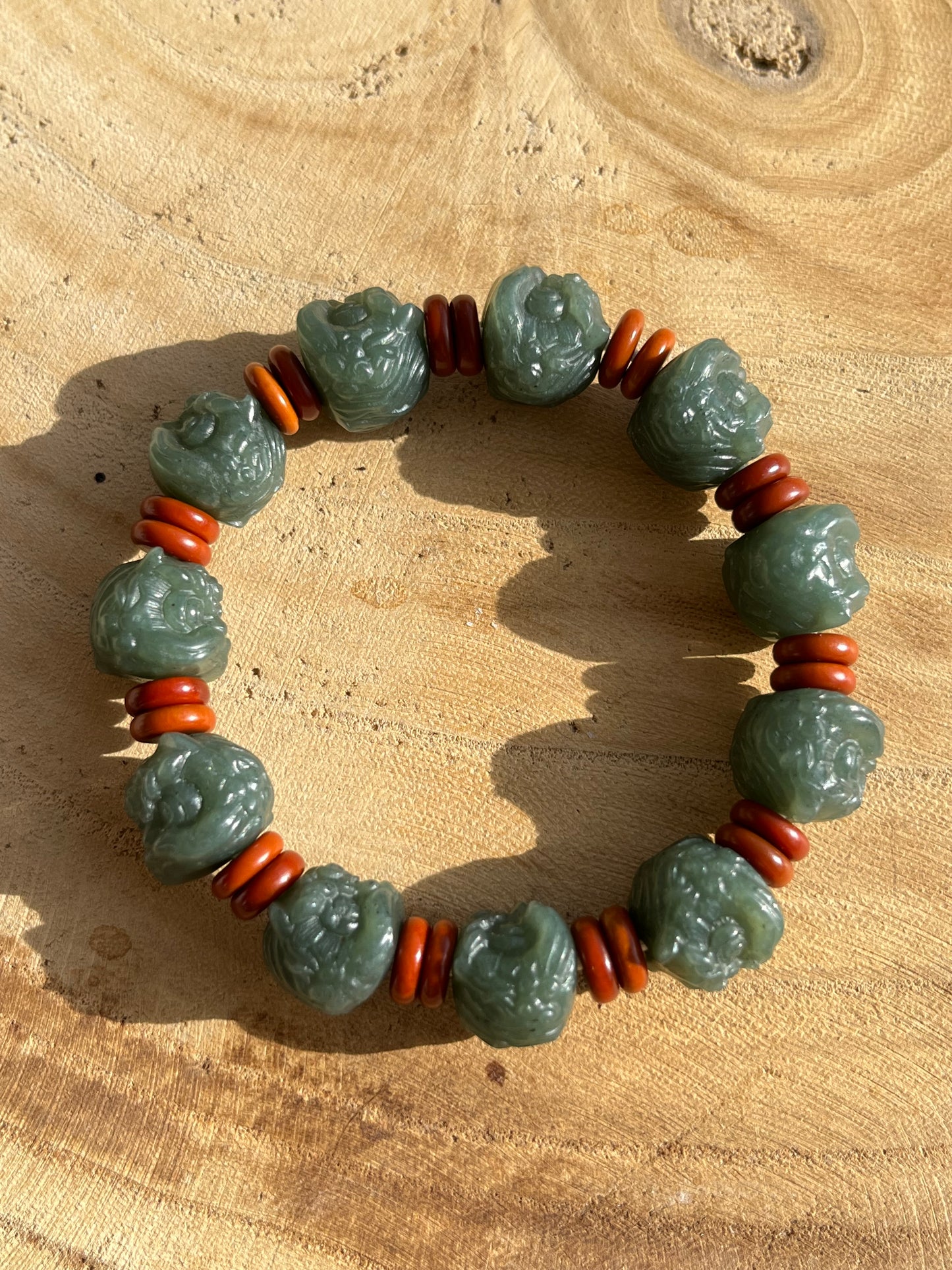 Hand Carved Blue Hetian Jade Lion Dance Head Beaded Bracelet, 醒狮头手串