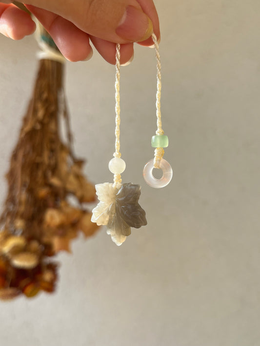 Handmade Phone Charm with a Carved Hetian Jade Maple Leaf and a Nanhong Agate Lucky Ring