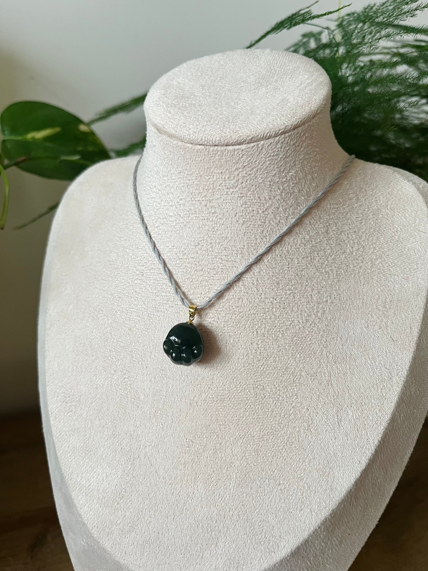 Carved Dark Cyan Hetian Jade Cat Paw Pendant, 青玉银扣头小猫爪