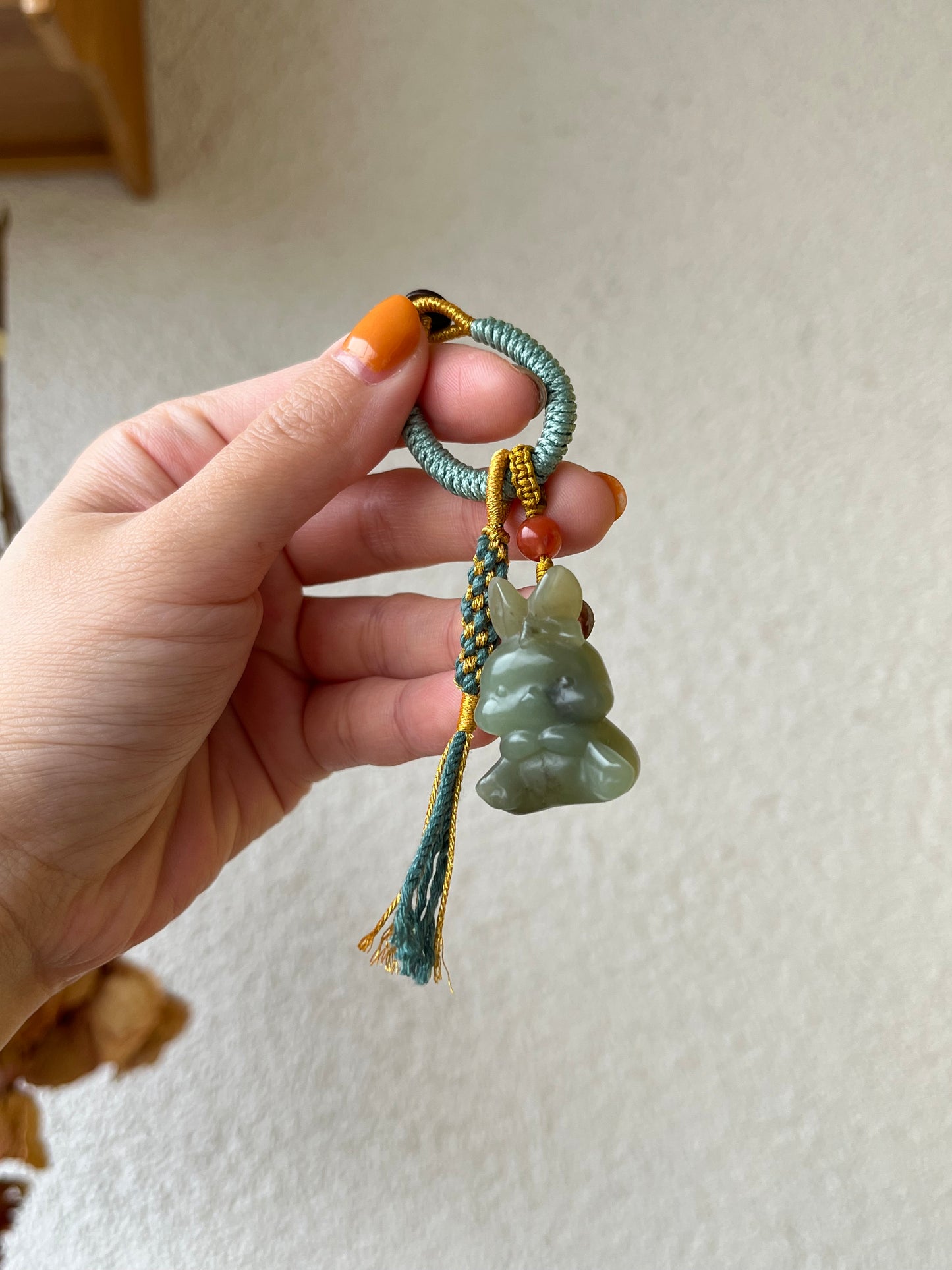 Handmade Bag Charm with a Super Cute Hand Carved Blue Hetian Jade Rabbit