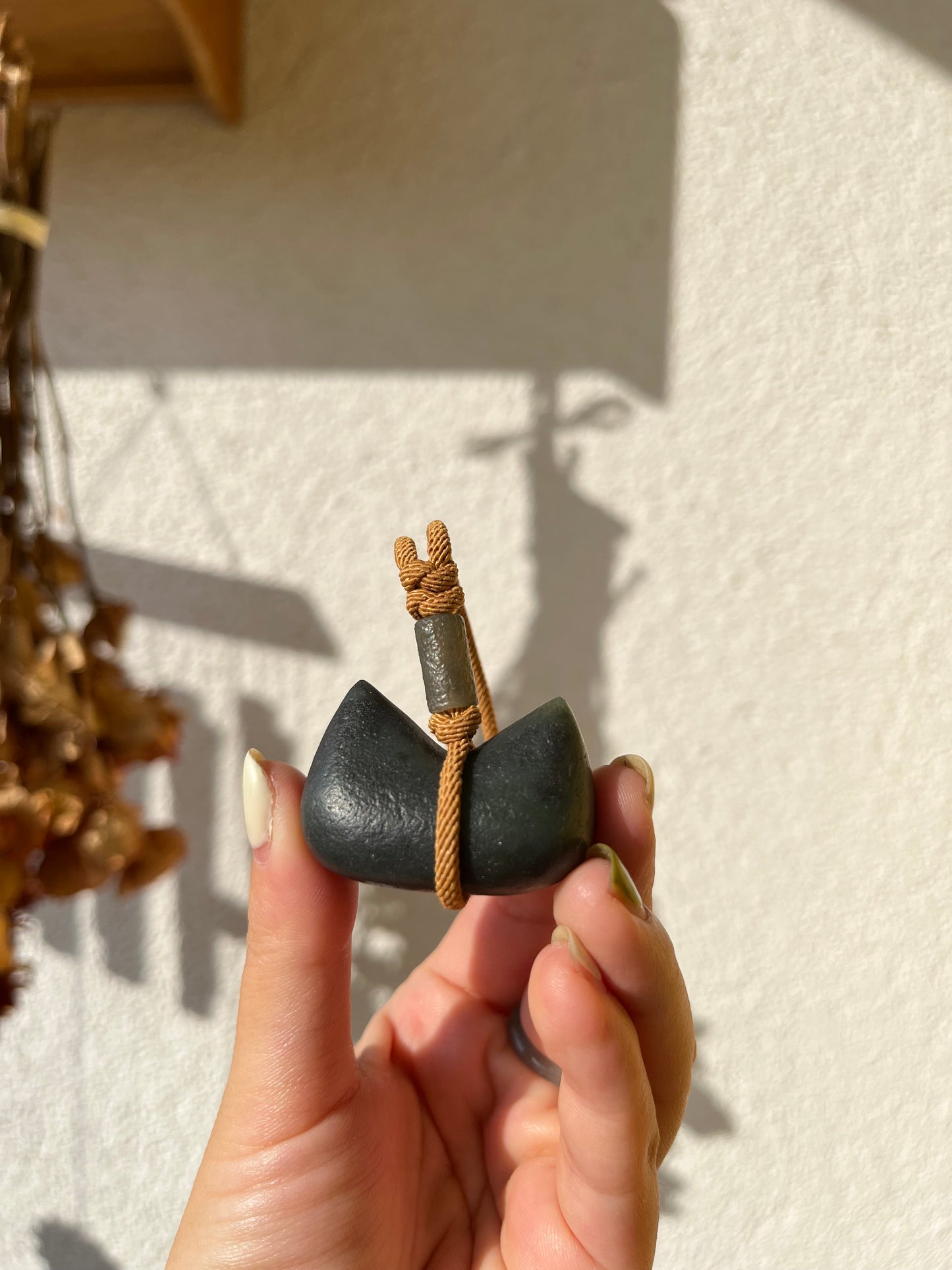 Hand Carved Gray Hetian Jade Cat Ear Pendant, 和田青花古风猫耳