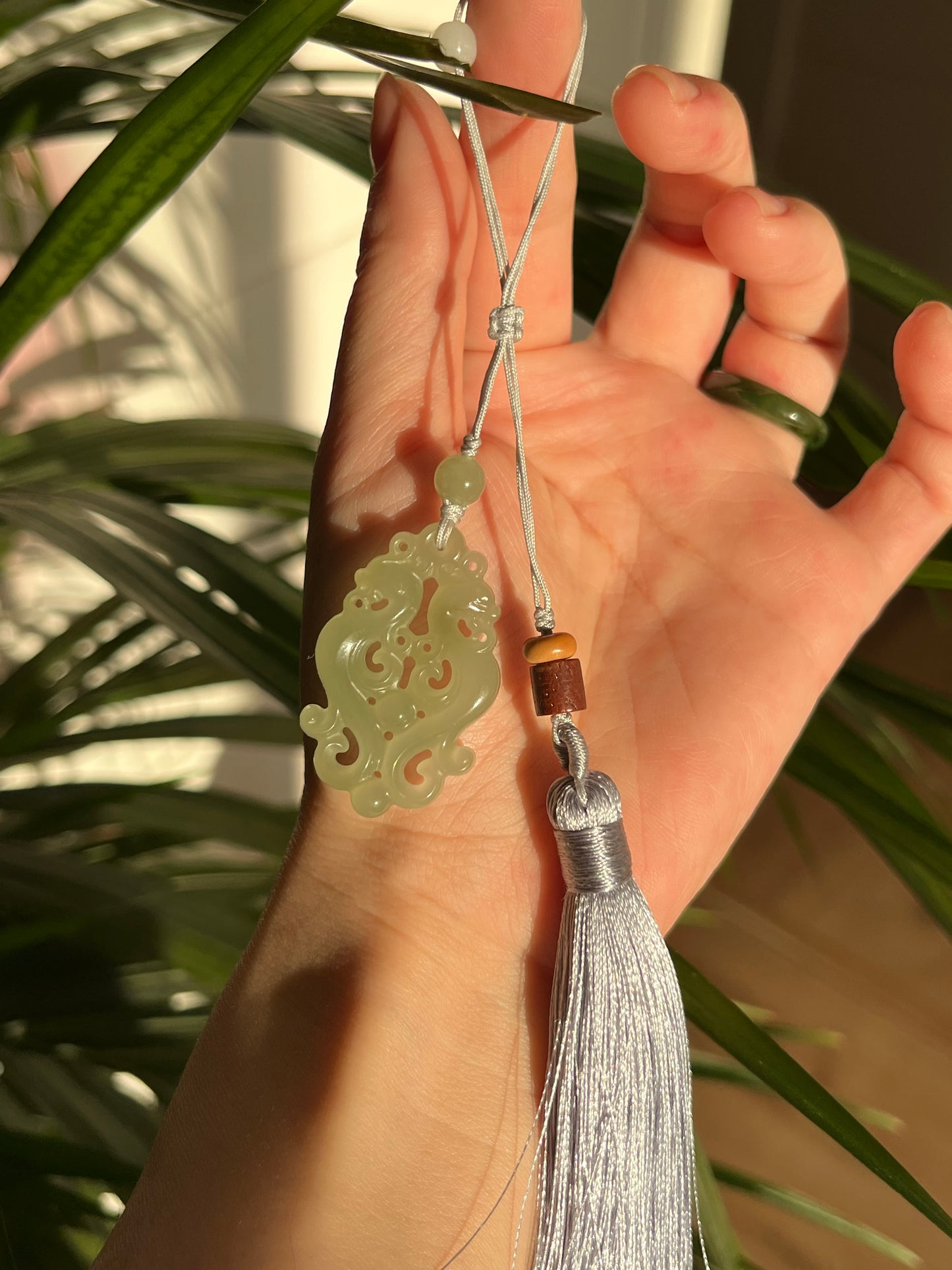 Handmade Bag Charm with a Hetian Jade Dragon and Phoenix Pendant | 和田龙凤牌包挂