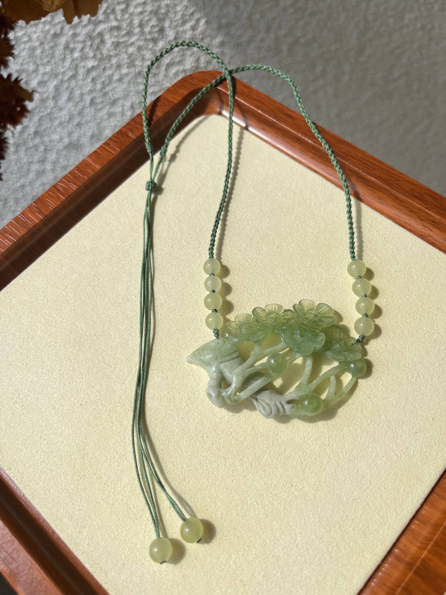 Hand Carved Green Xiu Jade Plum Blossom