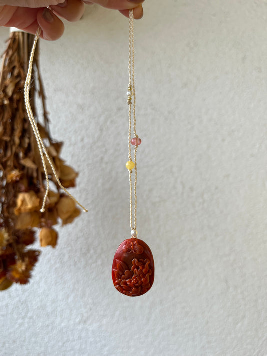 Hand Carved Nanhong Agate Peony Flower and Butterfly Pendant | 手雕南红蝶恋花