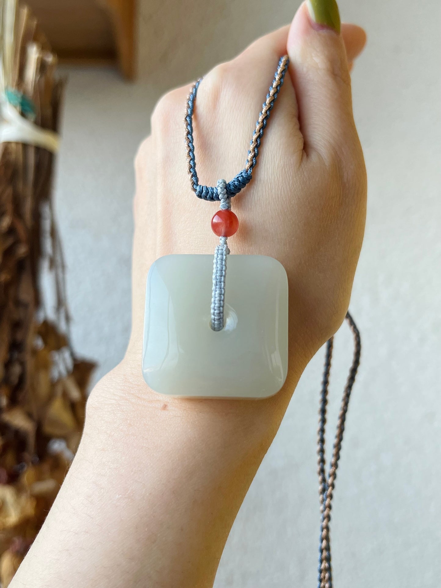 Hetian White Jade Square Peace Buckle (Jade PI Pendant)，和田青海青白玉方扣