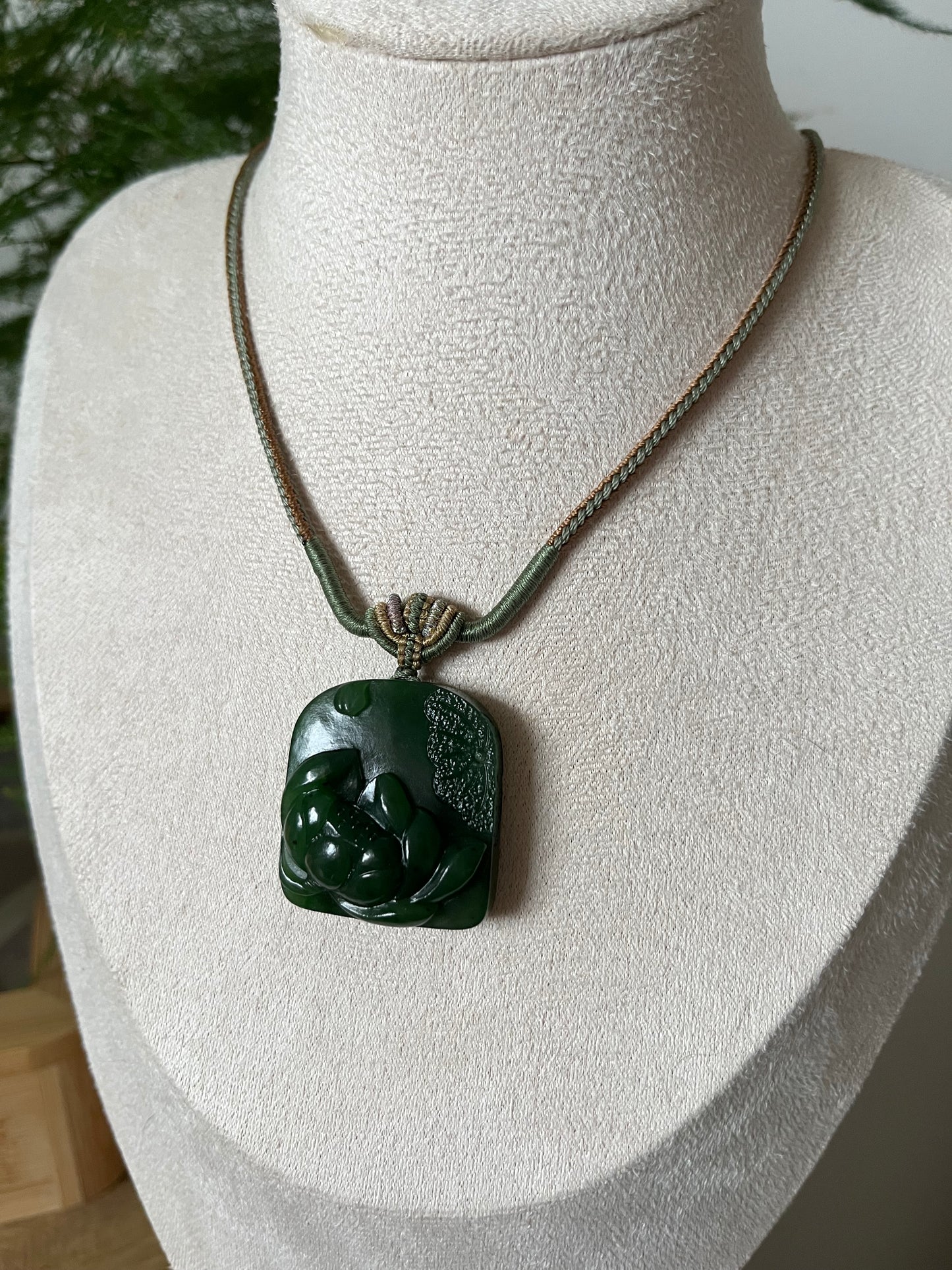 Hand Carved Green Hetian Jade Lotus Pendant | 和田老矿碧玉荷花牌
