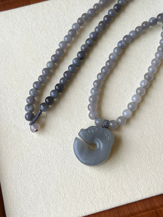 Necklace Crafted from Hetian Jade Smoky Purple Pig Dragon and 6mm Hetian Jade beads