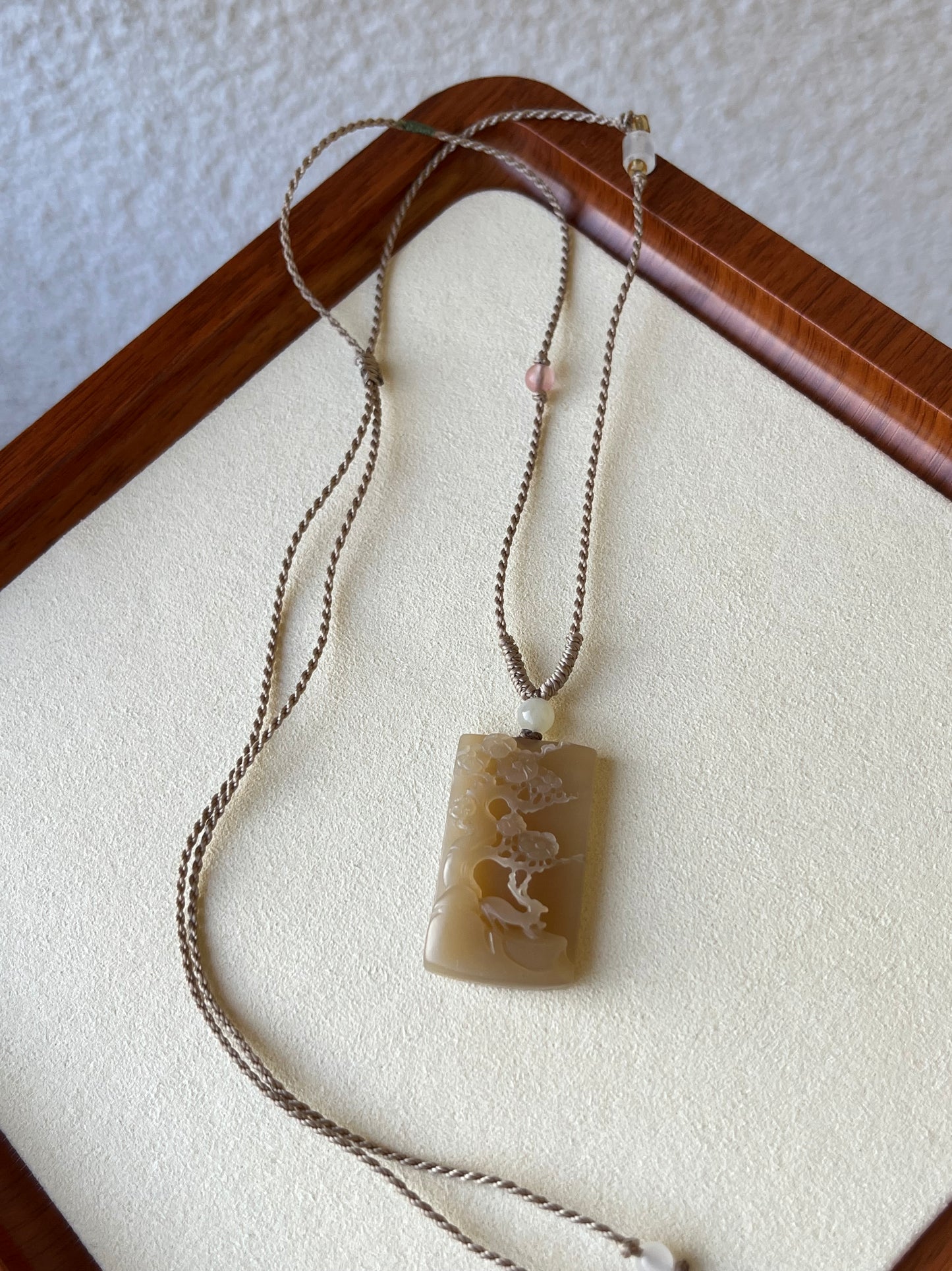 Hand Carved Brown Hetian Jade Deer and Plum Blossom Pendant | 手雕和田梅花和鹿山水牌