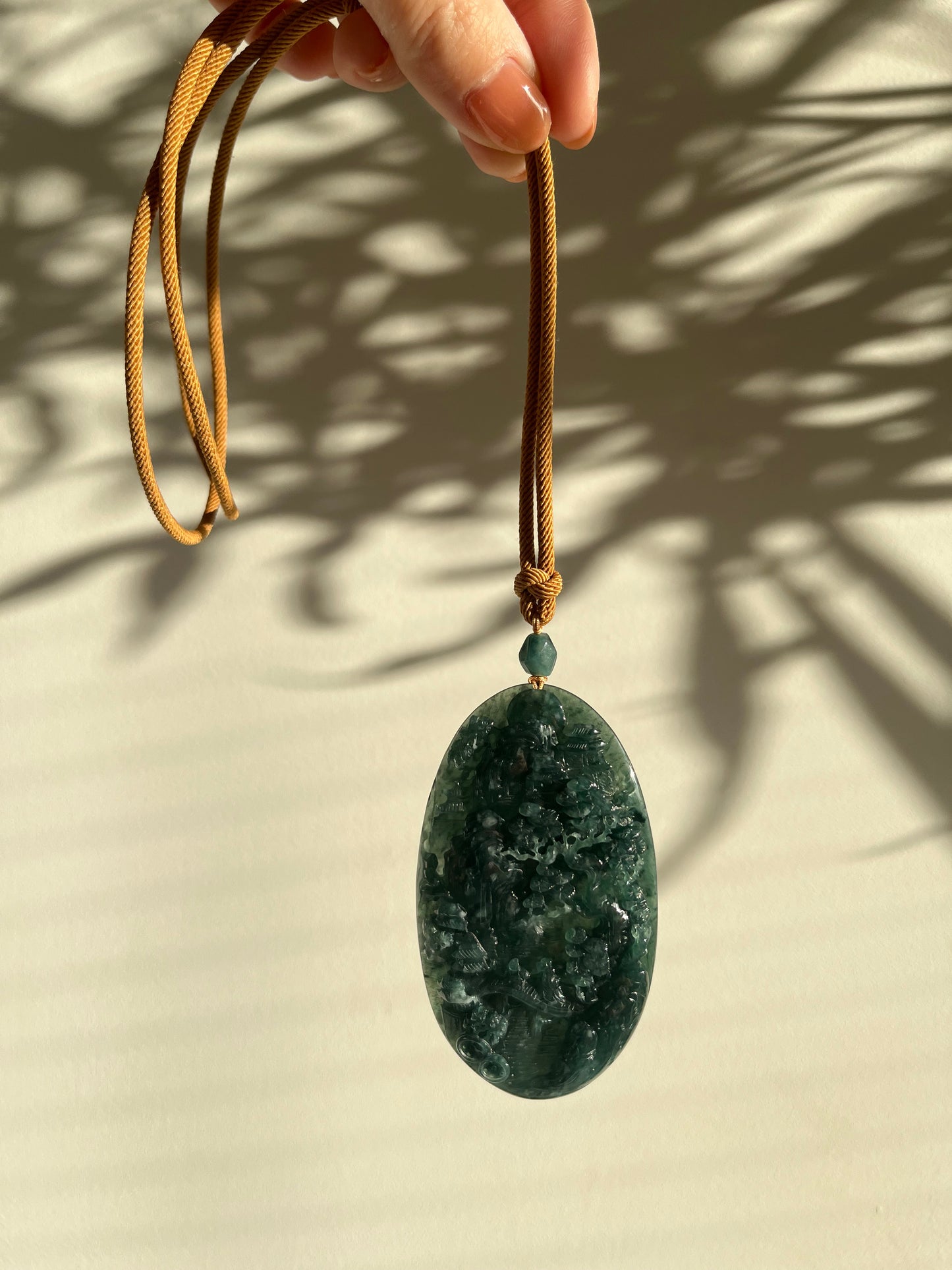 Hand Carved Blue Jadeite Landscape Pendant | 精工蓝水翡翠山水