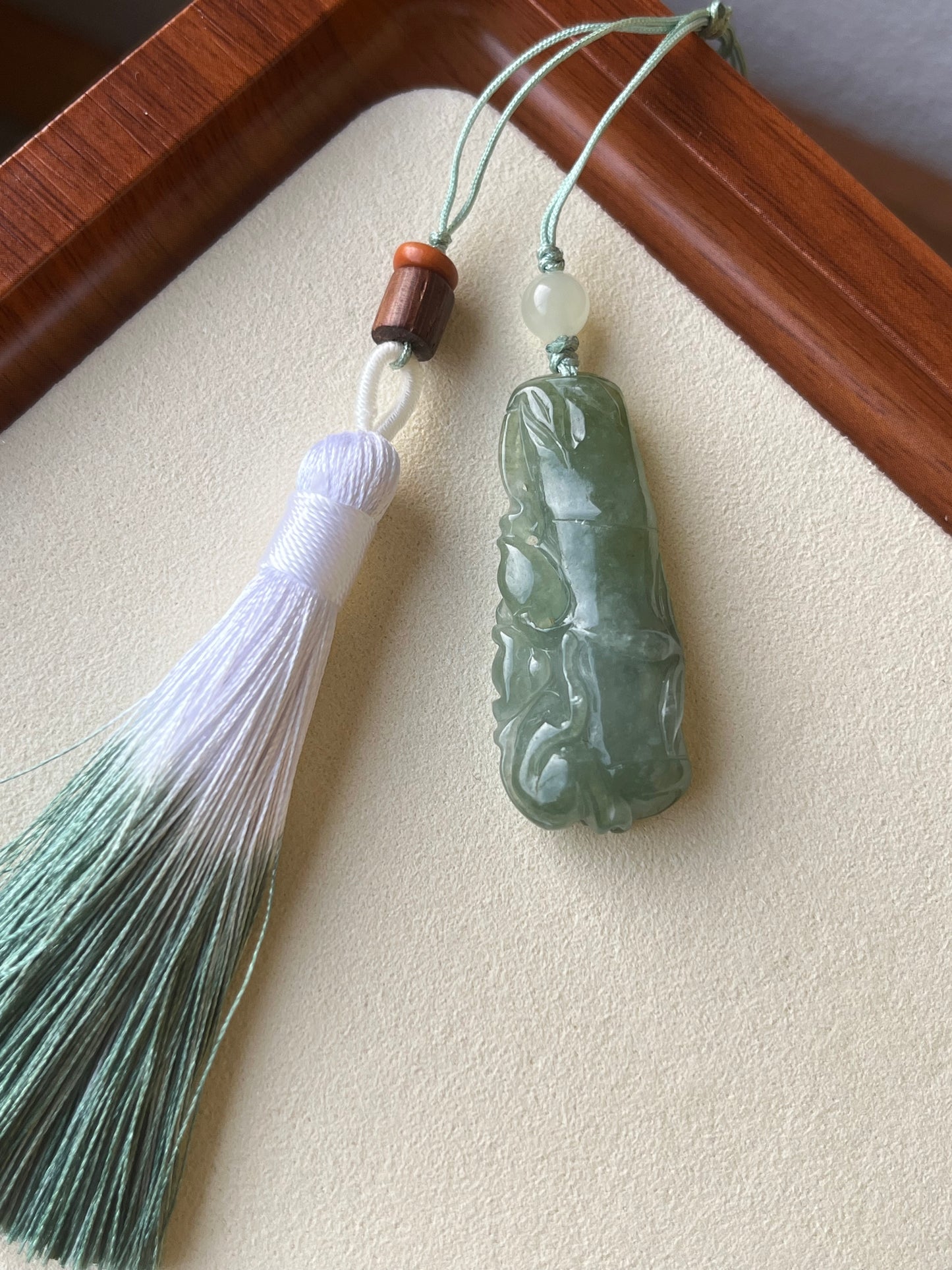 Handmade Bag Charm with a Hand Carved Jadeite Monkey and Bamboo Pendant
