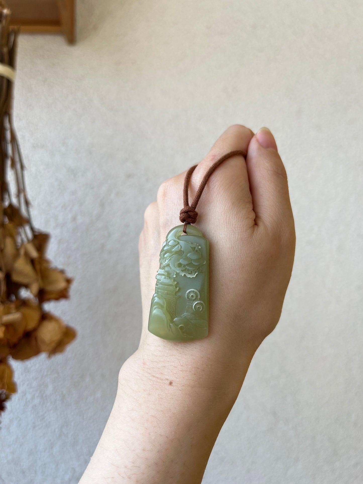 Hand Carved Greenish Yellow Hetian Jade Landscape Pendant, 手雕青黄口山水