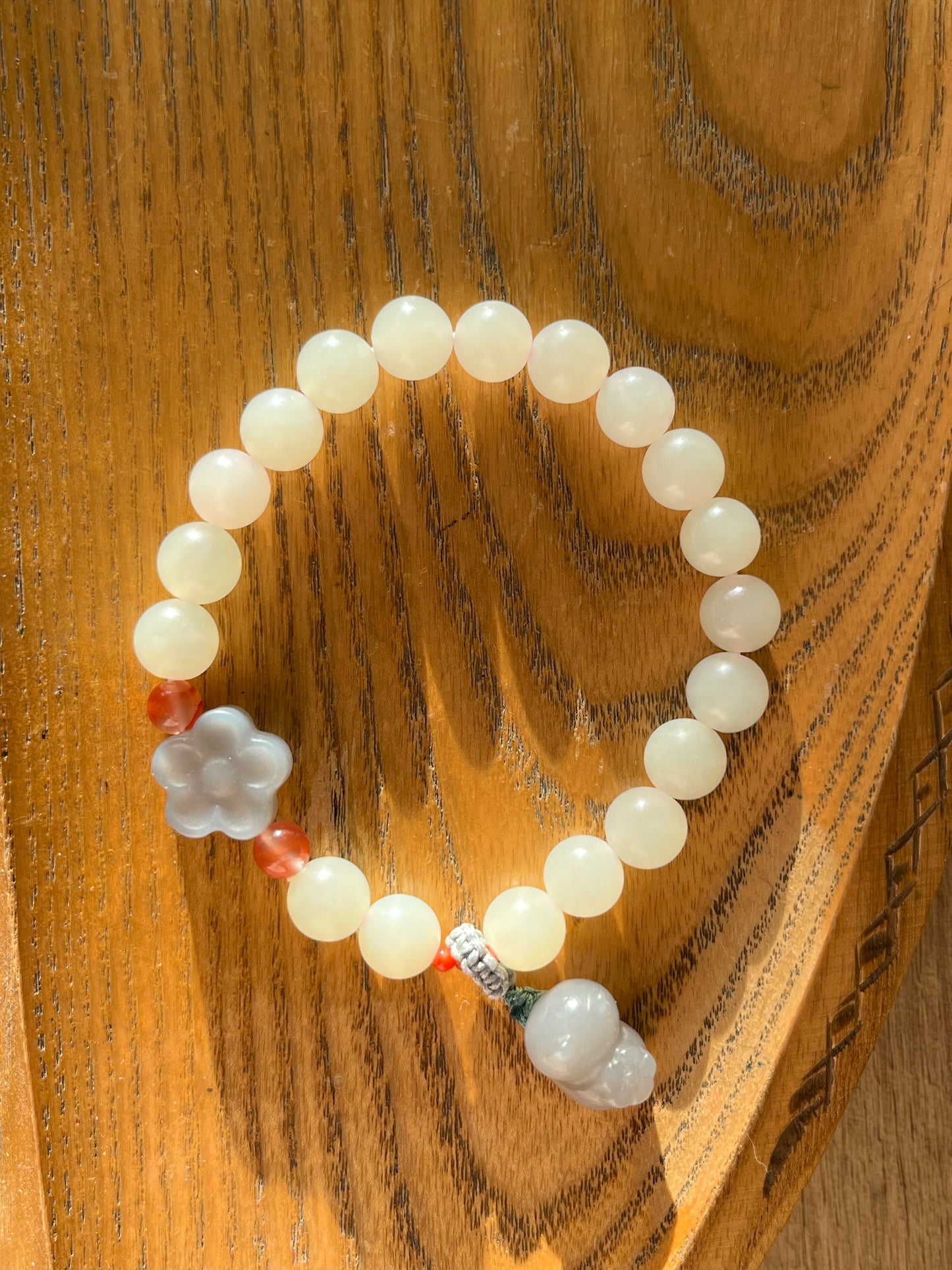 White Hetian Jade Bracelet with 8mm Bead and a Hand Carved Purple Jade Cat