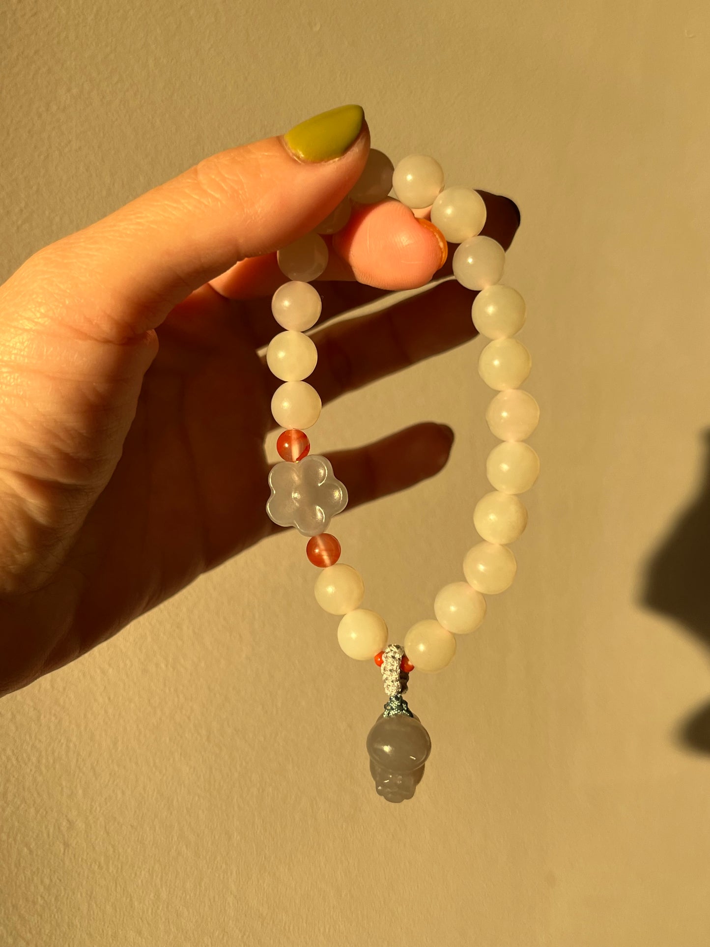 White Hetian Jade Bracelet with 8mm Bead and a Hand Carved Purple Jade Cat