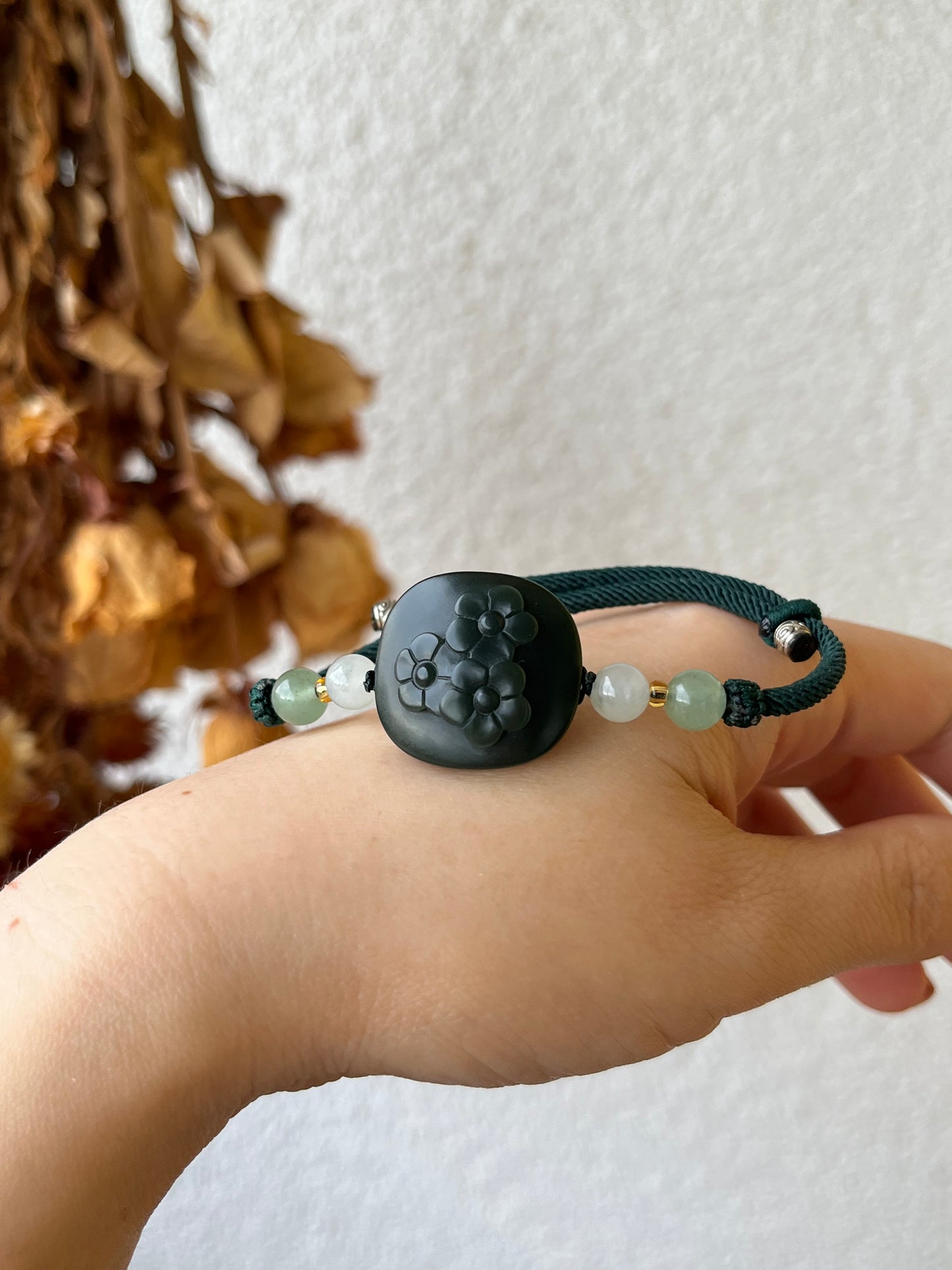 Hand Carved Premium Dark Green (Cyan) Hetian Jade Plum Blossom Set  | 手雕和田青玉一细梅花锁骨，手牌