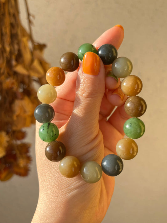 High Quality Multi-color Hetian Jade Beaded Bracelet 12mm