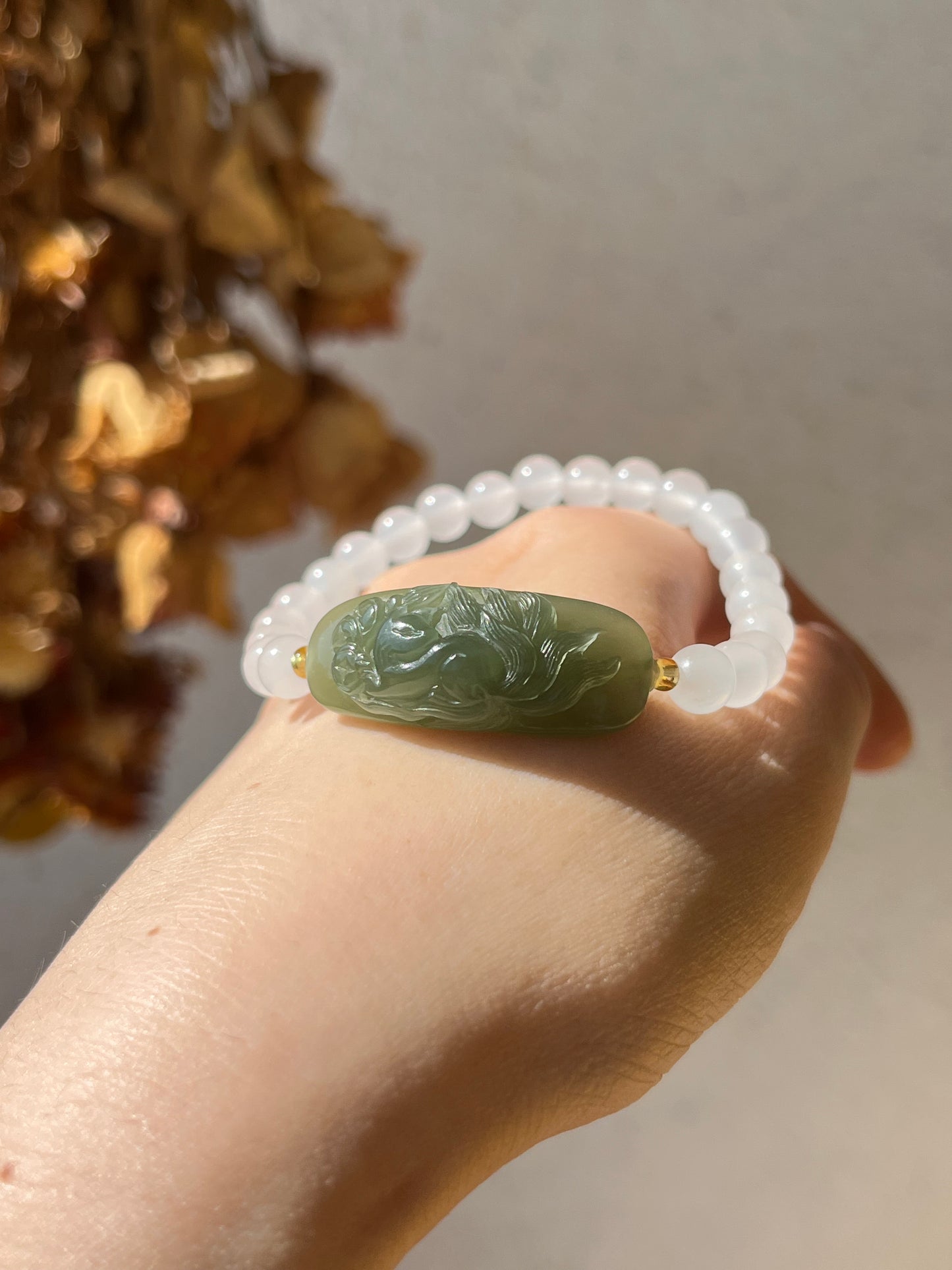 Handmade Bracelet with a Hand Carved Green Hetian Jade Nine Tailed Fox Pendant