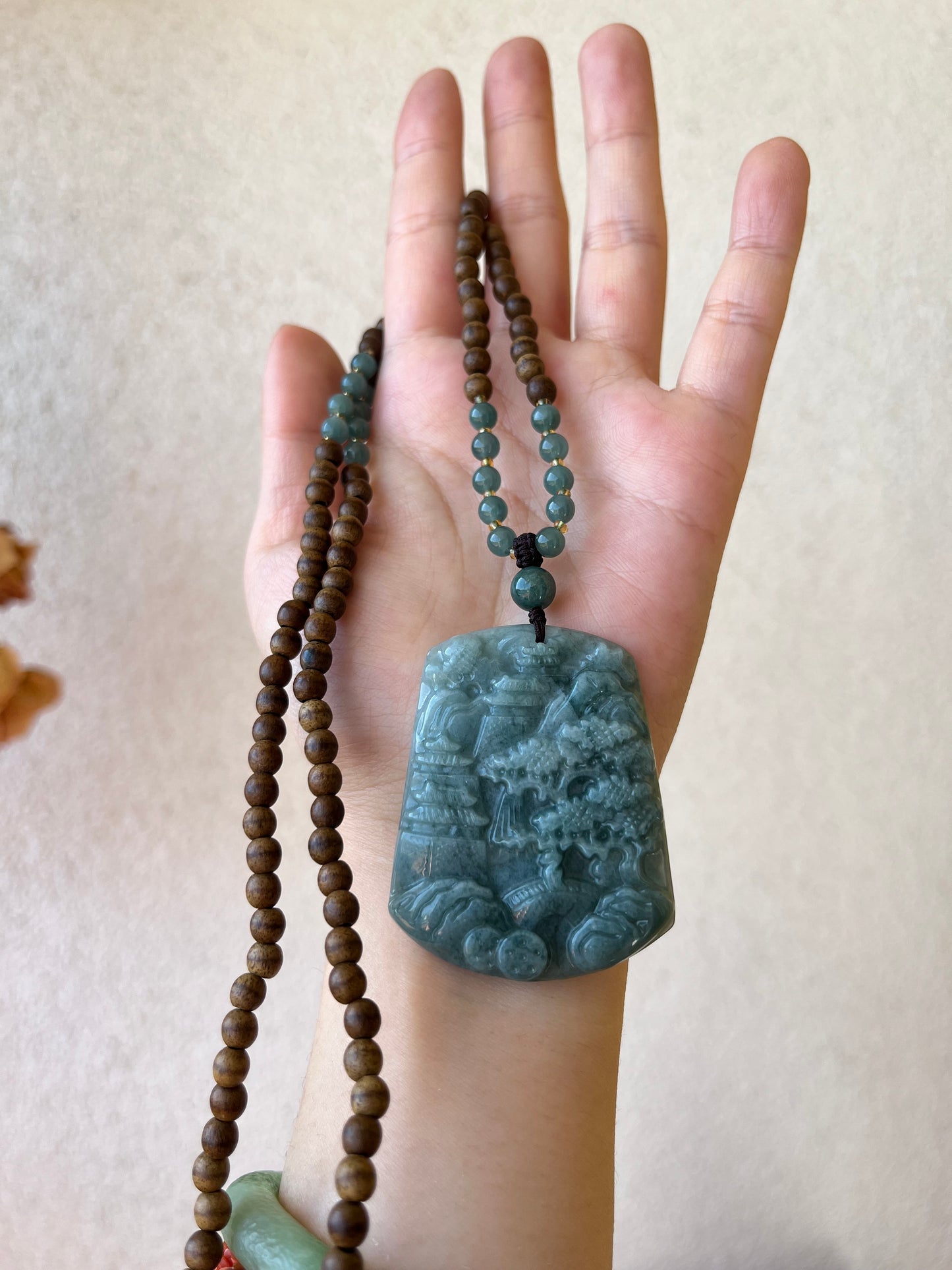 Handmade Necklace with Blue Jadeite Landscape Pendant and Agarwood Beaded (5mm) Cord