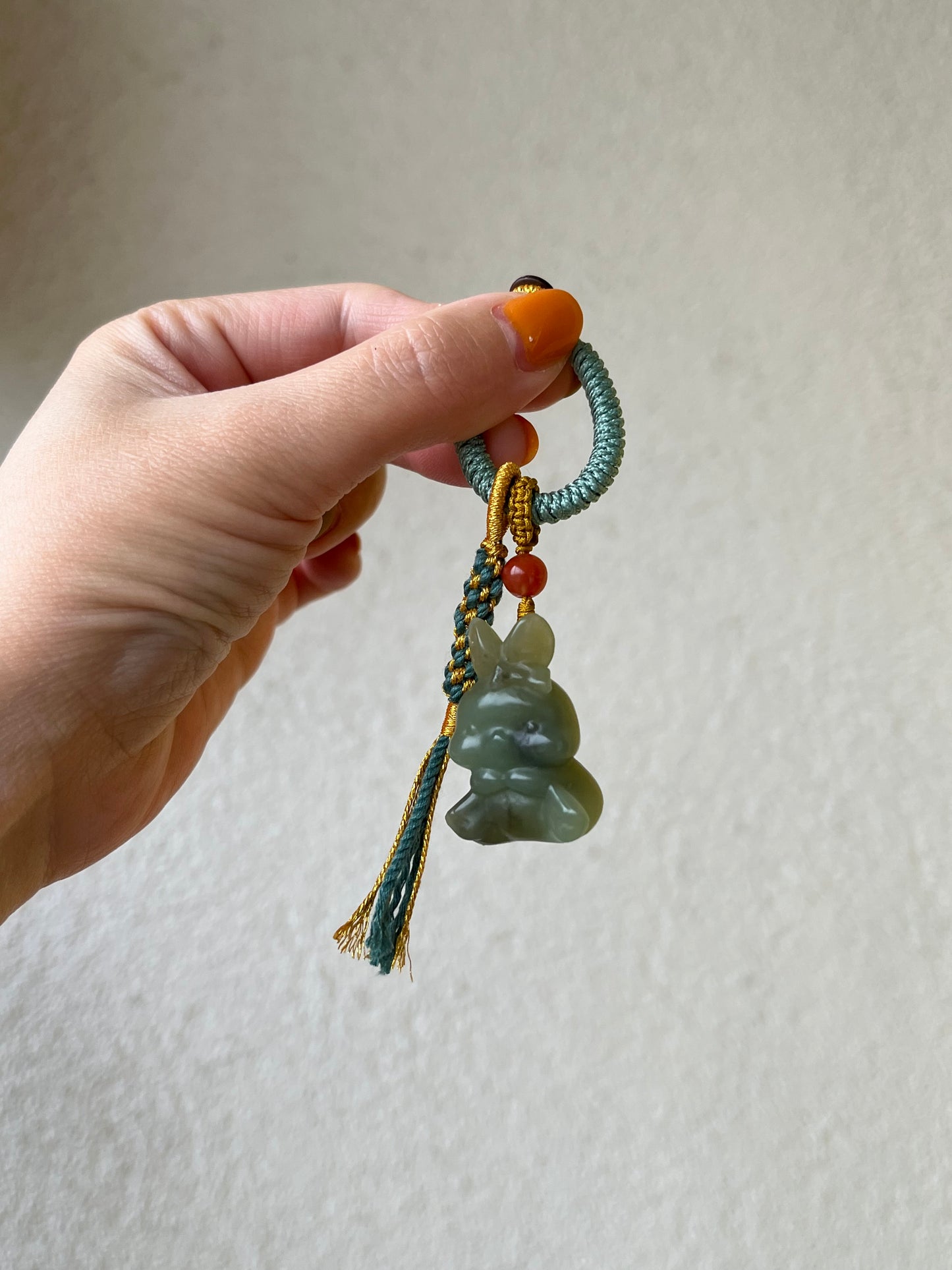 Handmade Bag Charm with a Super Cute Hand Carved Blue Hetian Jade Rabbit